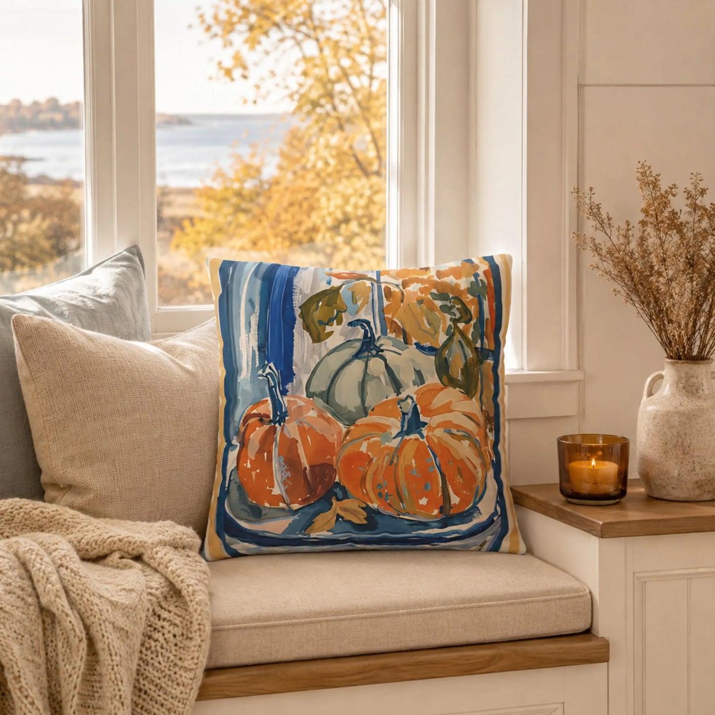 Blue and Orange Pumpkin Pillow and Cover, Coastal Fall Decor