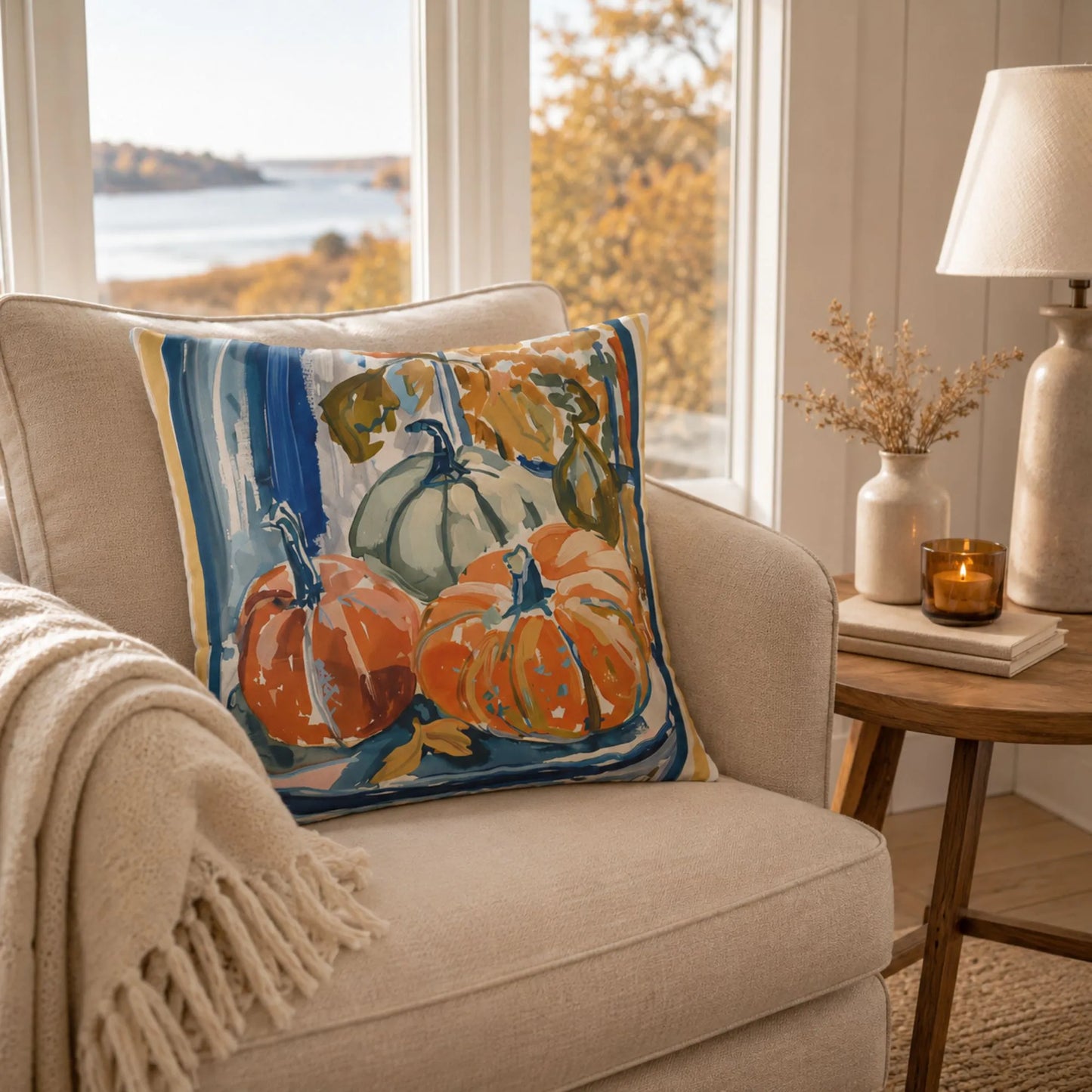 Blue and Orange Pumpkin Pillow and Cover, Coastal Fall Decor