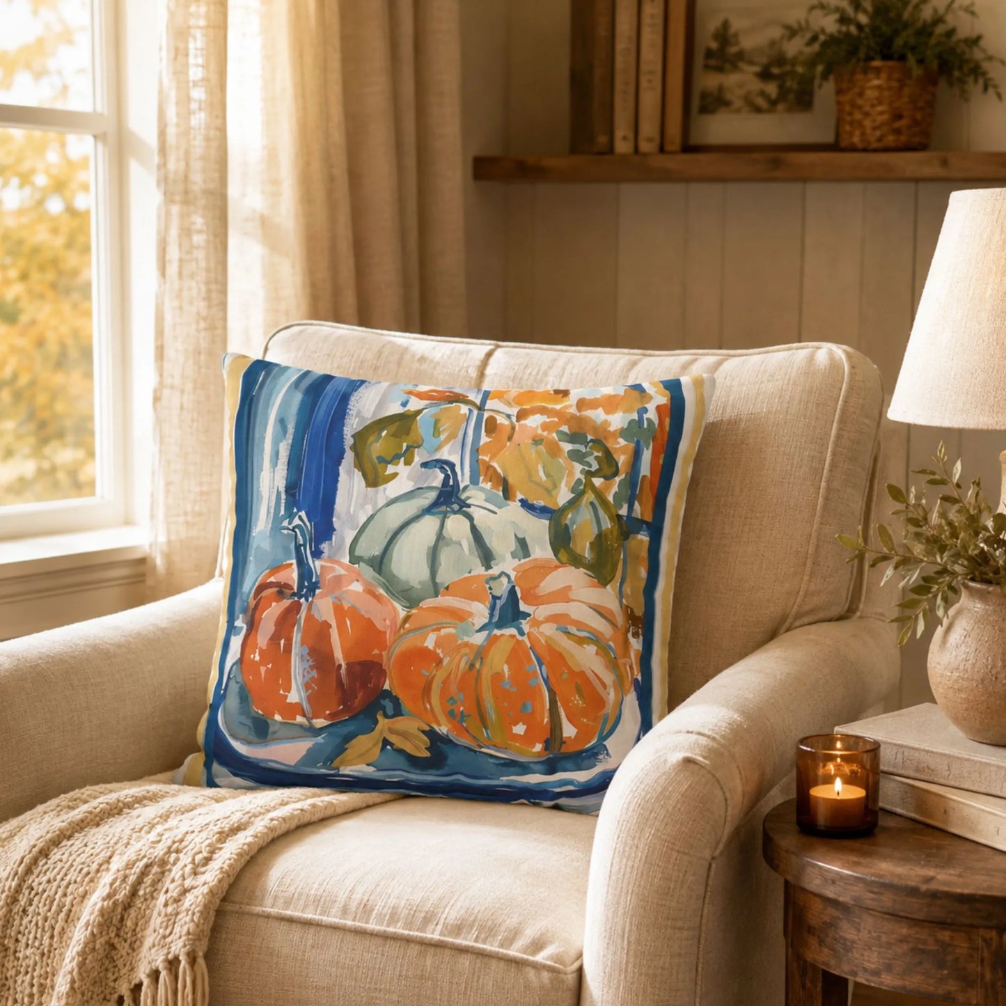 Blue and Orange Pumpkin Pillow and Cover, Coastal Fall Decor