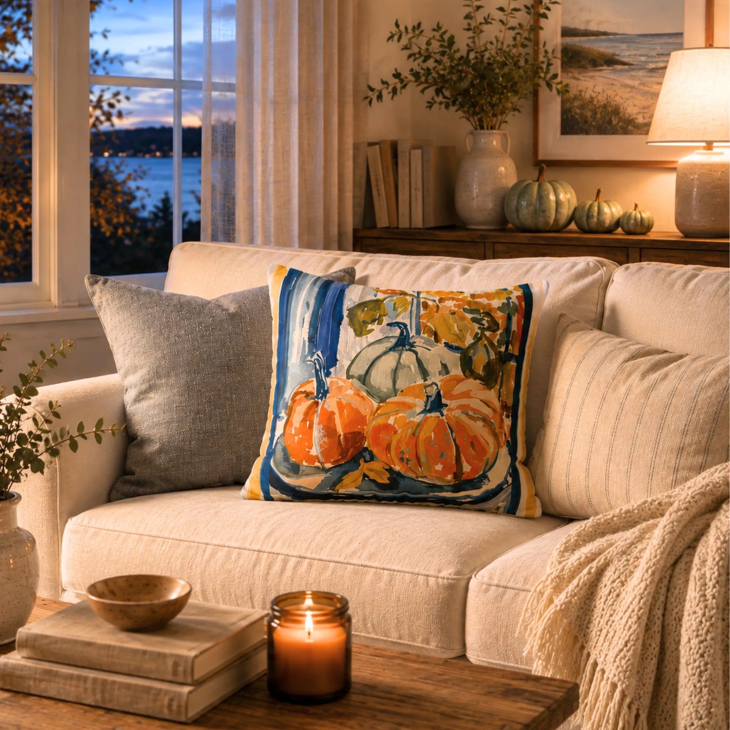 Blue and Orange Pumpkin Pillow and Cover, Coastal Fall Decor