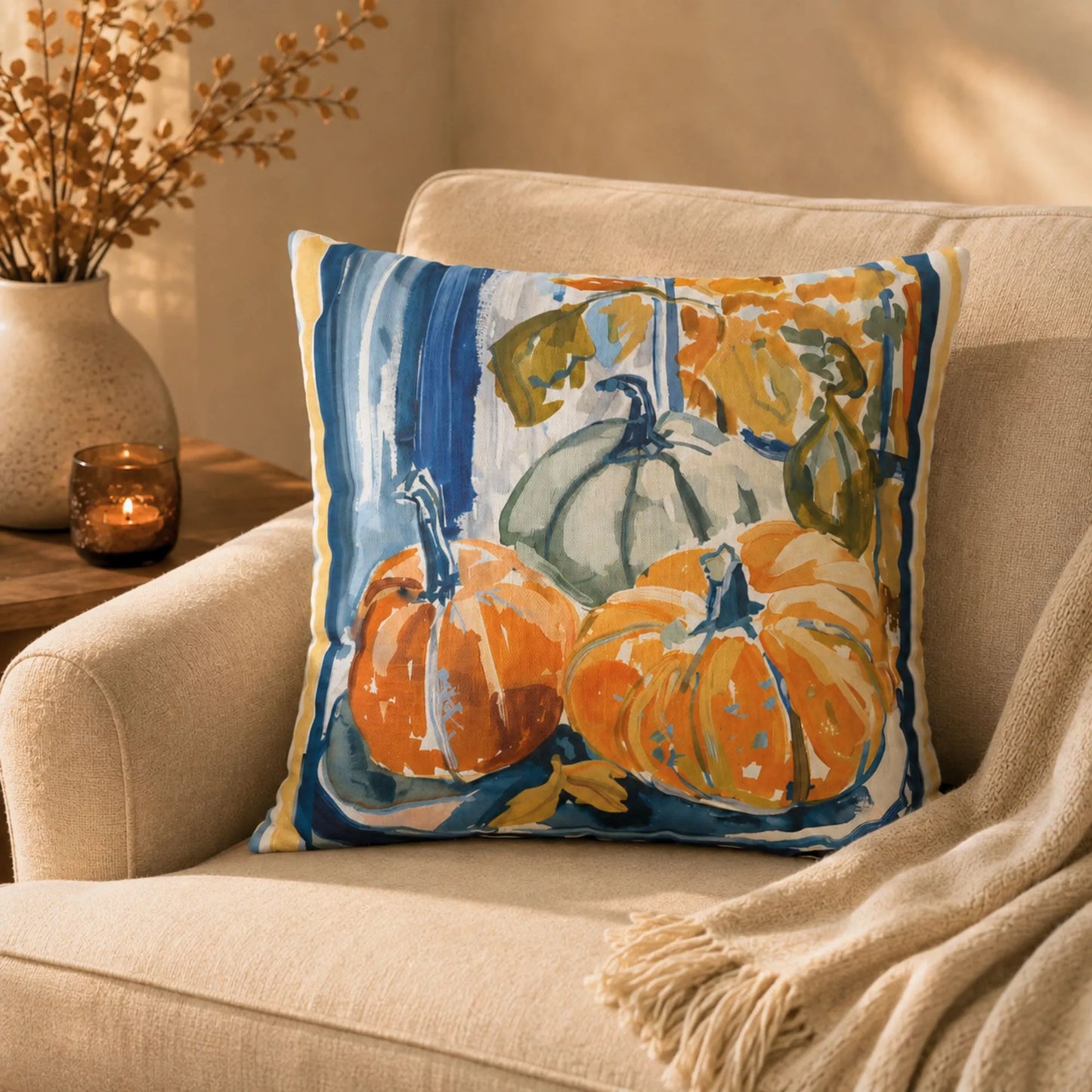 Blue and Orange Pumpkin Pillow and Cover, Coastal Fall Decor