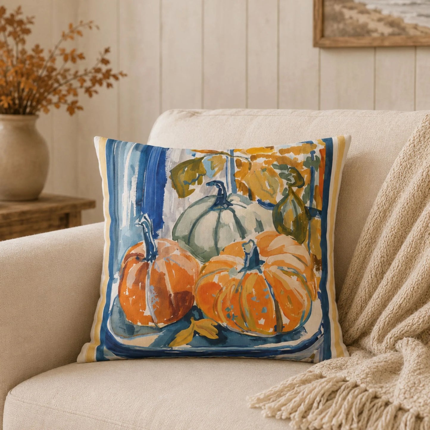 Blue and Orange Pumpkin Pillow and Cover, Coastal Fall Decor
