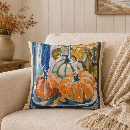 Blue and Orange Pumpkin Pillow and Cover, Coastal Fall Decor