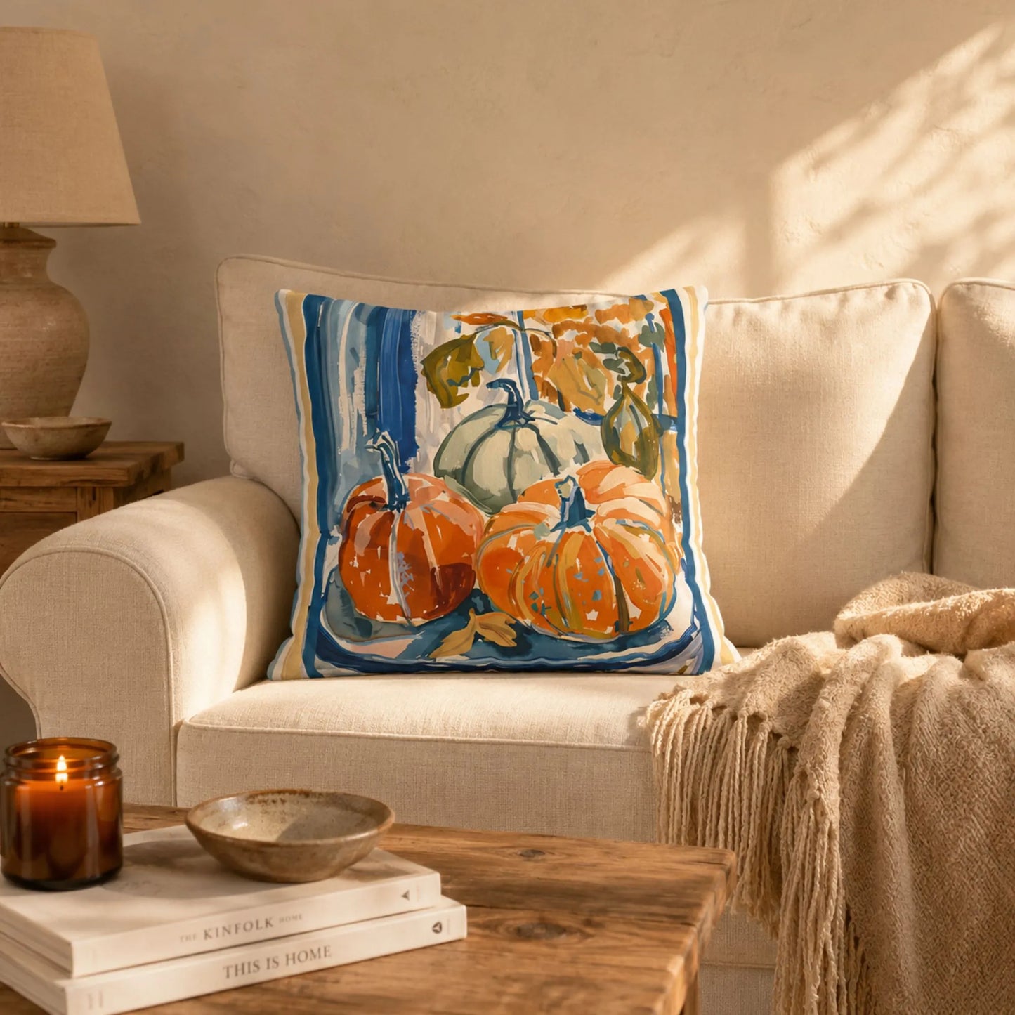 Blue and Orange Pumpkin Pillow and Cover, Coastal Fall Decor