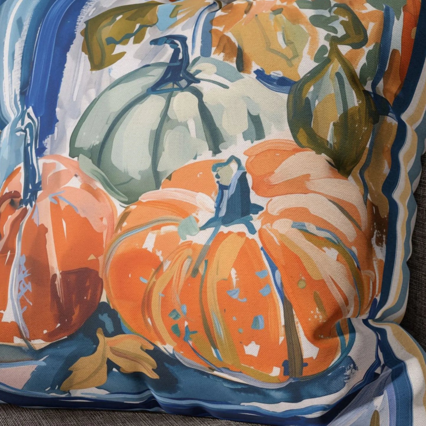 Blue and Orange Pumpkin Pillow and Cover, Coastal Fall Decor
