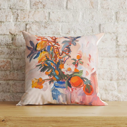 Colorful floral fall pillow cover featuring vibrant brushstroke blooms in orange, pink, yellow, and navy.
