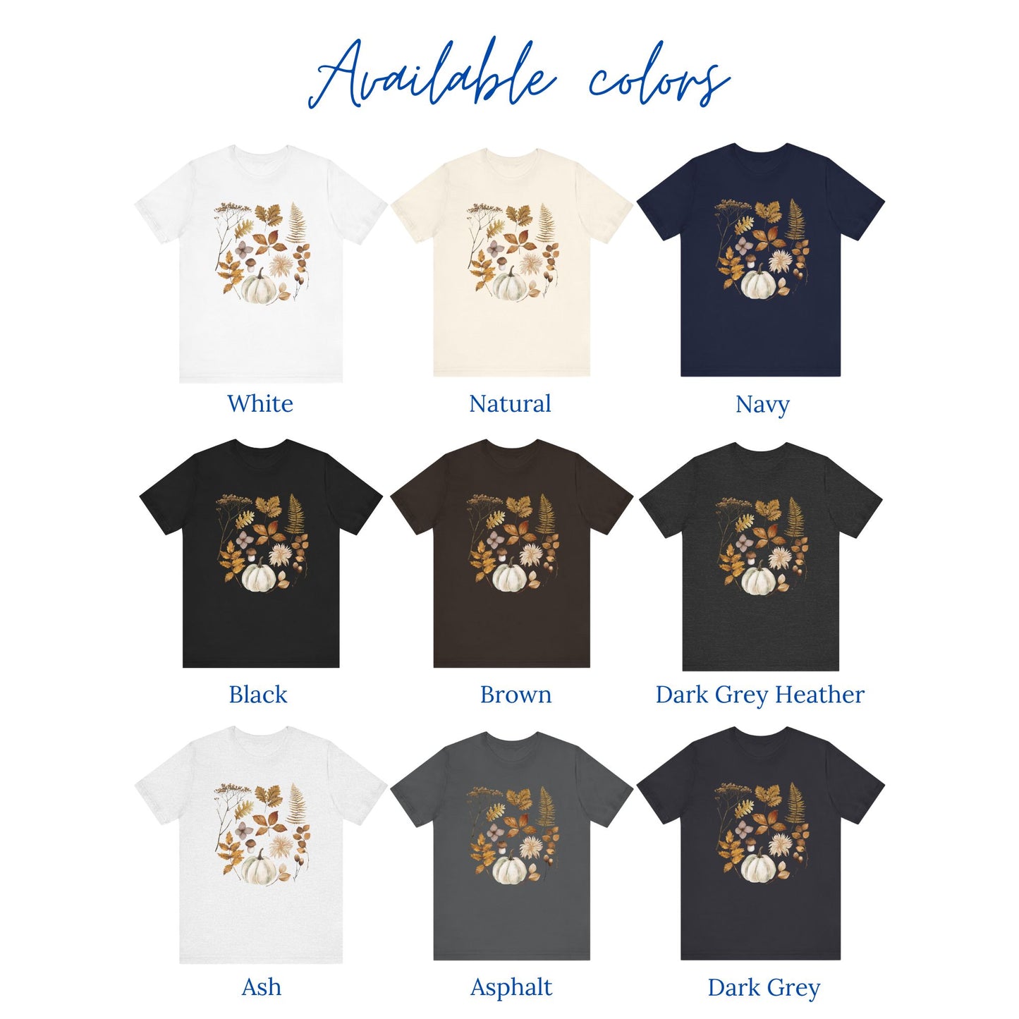 available colors of Fall Leaves and Pumpkin T-SHIRT from Blue Water Songs