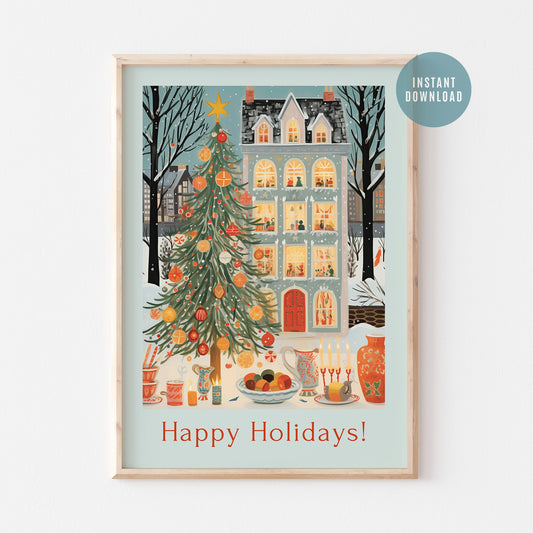 Cozy Christmas Home Print Art featuring a winter house, decorated Christmas tree, and warm holiday details.