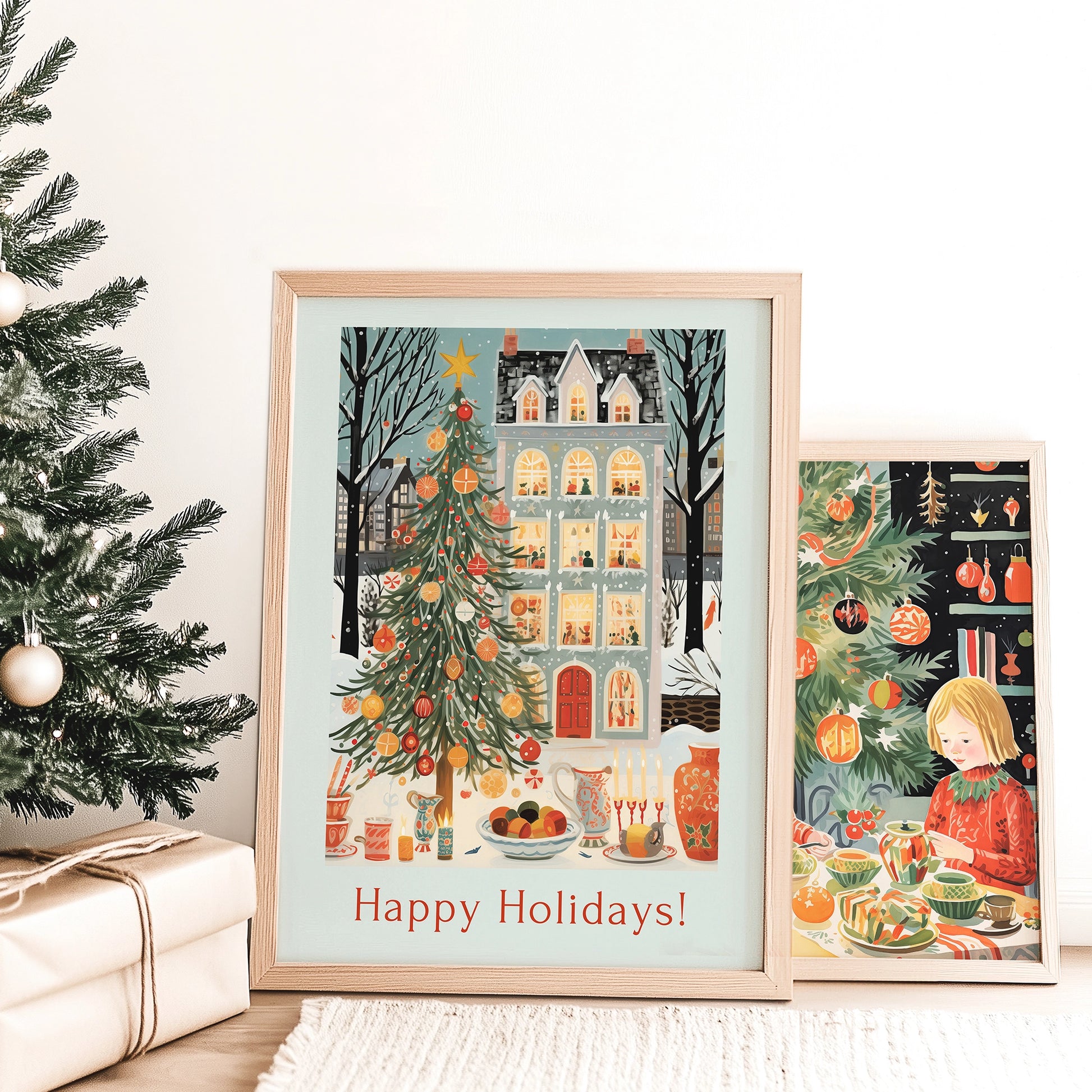 Cozy Christmas Home Print Art featuring a festive winter scene with a Christmas tree and holiday decorations.