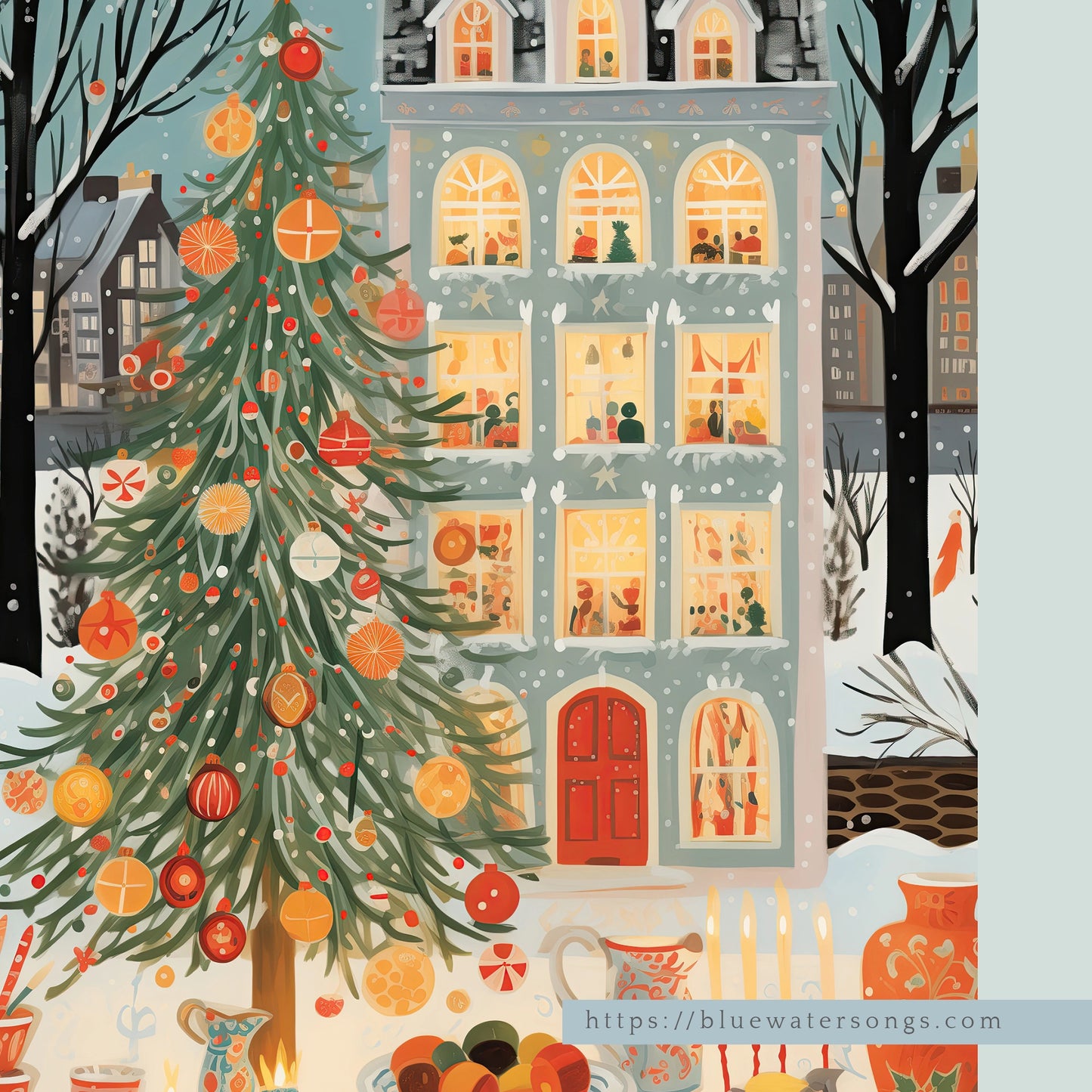 Cozy Christmas Home Print Art depicting a festive winter house and decorated Christmas tree in a snowy scene.