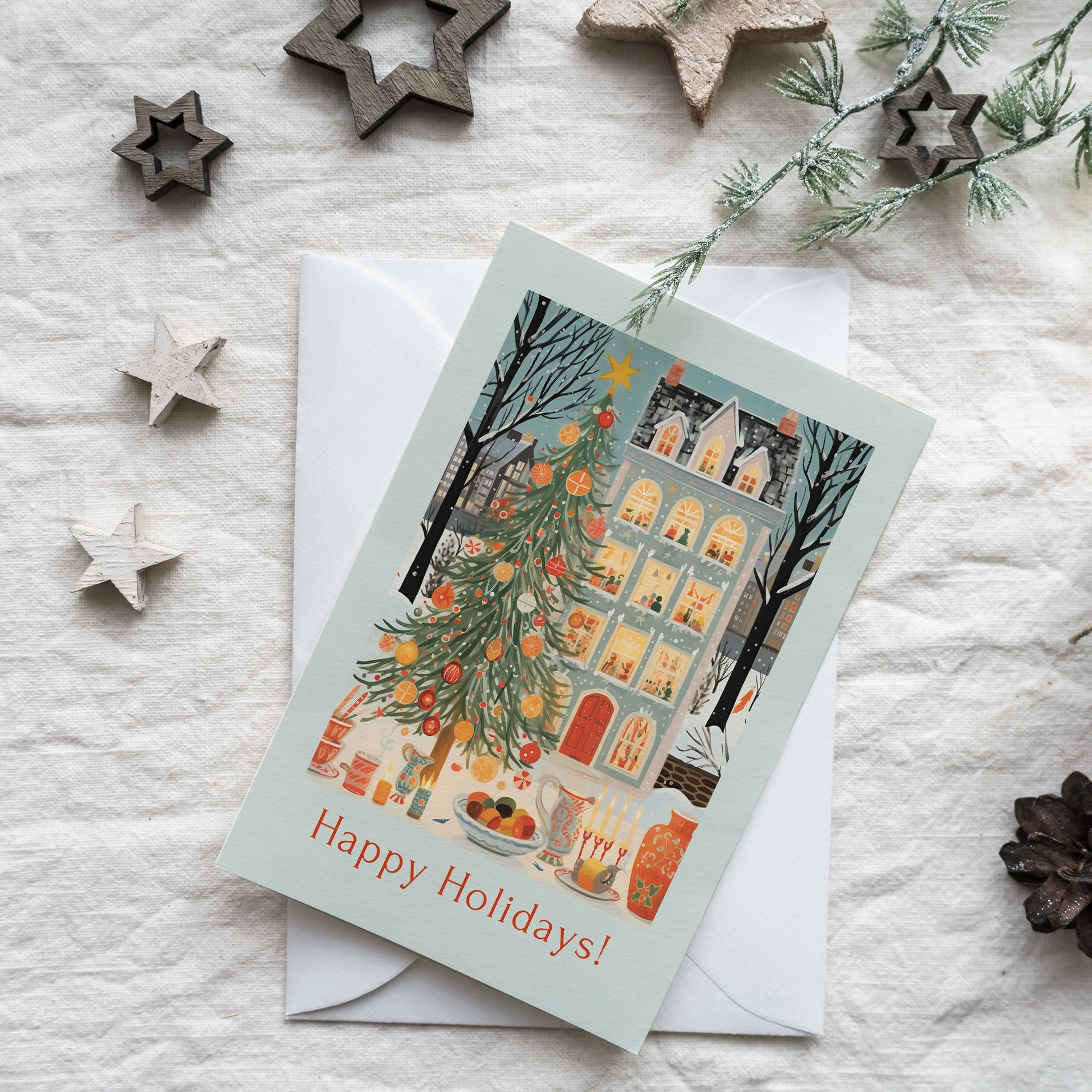 Cozy Christmas Home Print Art - Happy Holidays greeting card with a decorated tree and winter house illustration.