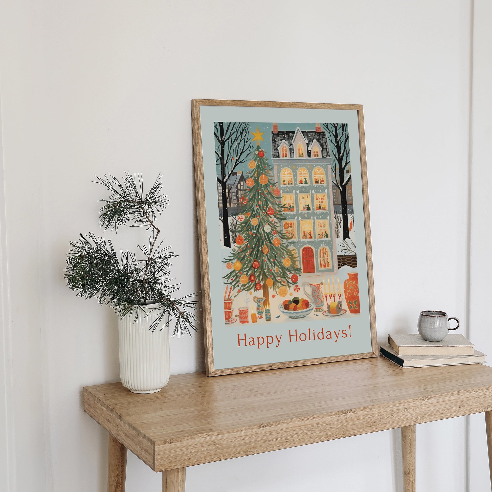Cozy Christmas Home Print Art featuring a winter house and Christmas tree with the text 'Happy Holidays'