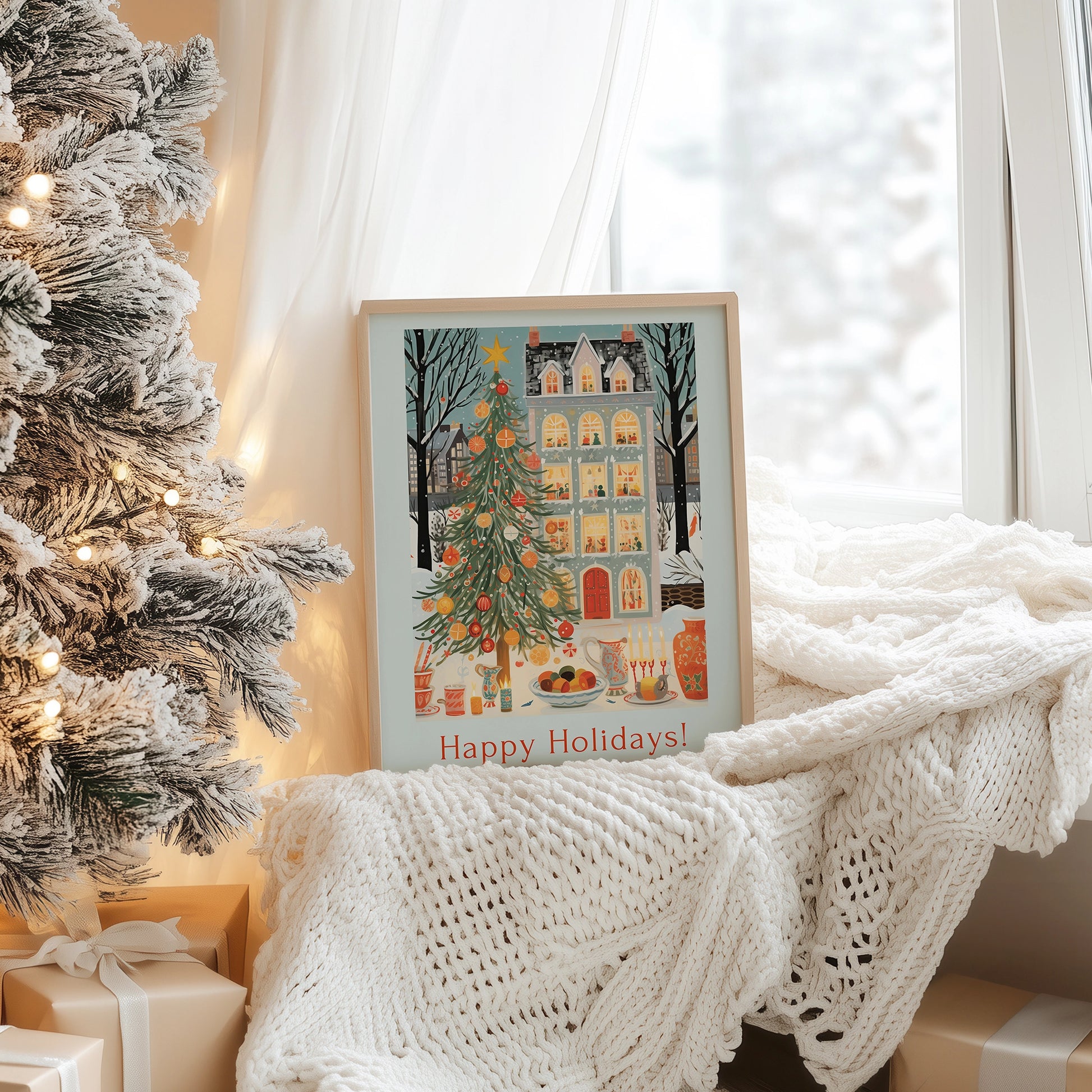 Cozy Christmas Home Print Art featuring a winter house and decorated Christmas tree with the text 'Happy Holidays!'