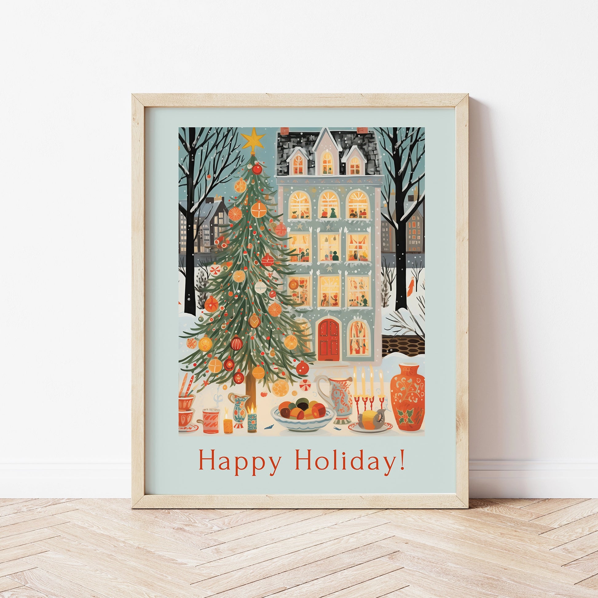 Cozy Christmas Home Print Art featuring a vibrant Christmas tree and cheerful holiday decorations.