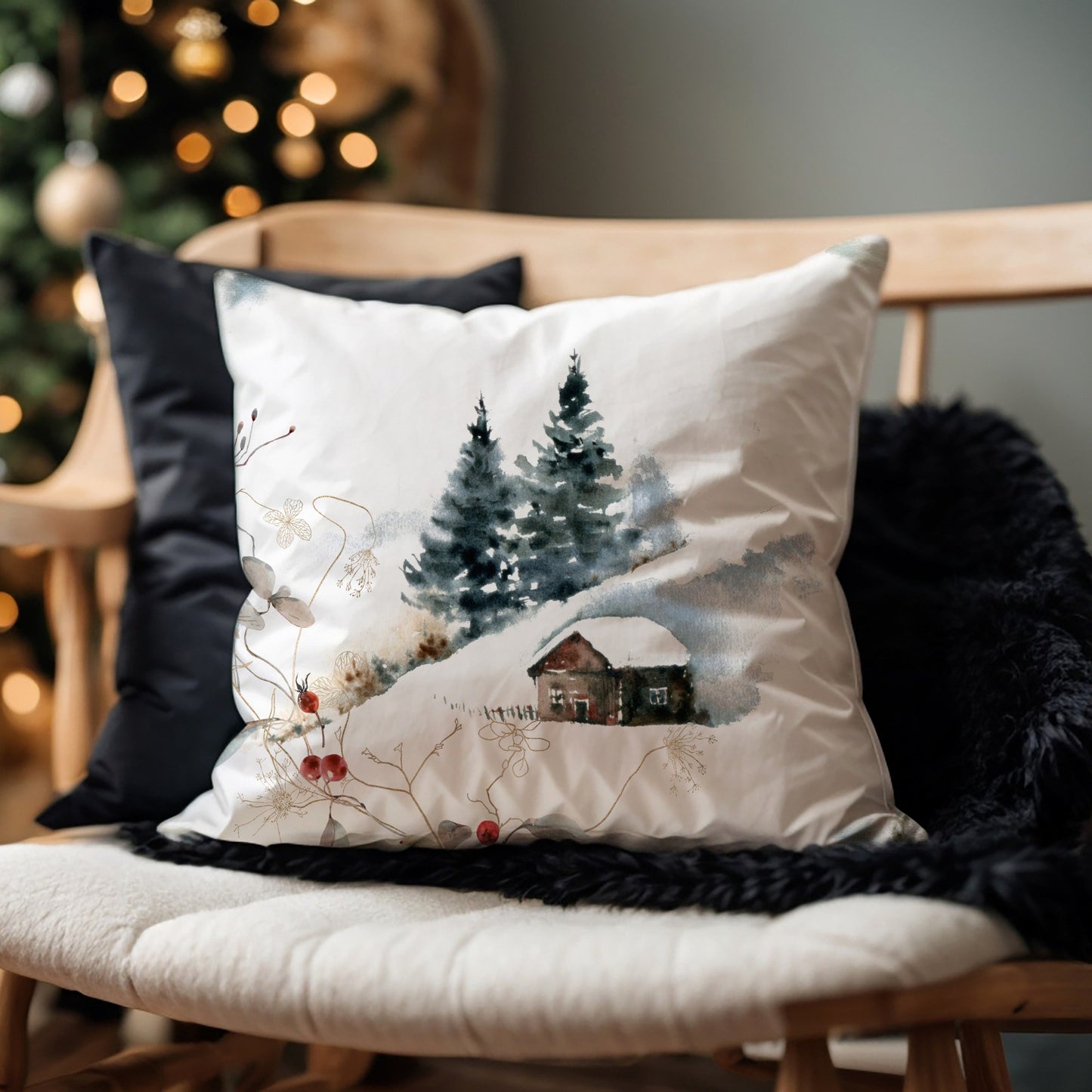 Winter landscape pillow with snowy cabin on wooden bench – cozy Christmas home decor scene