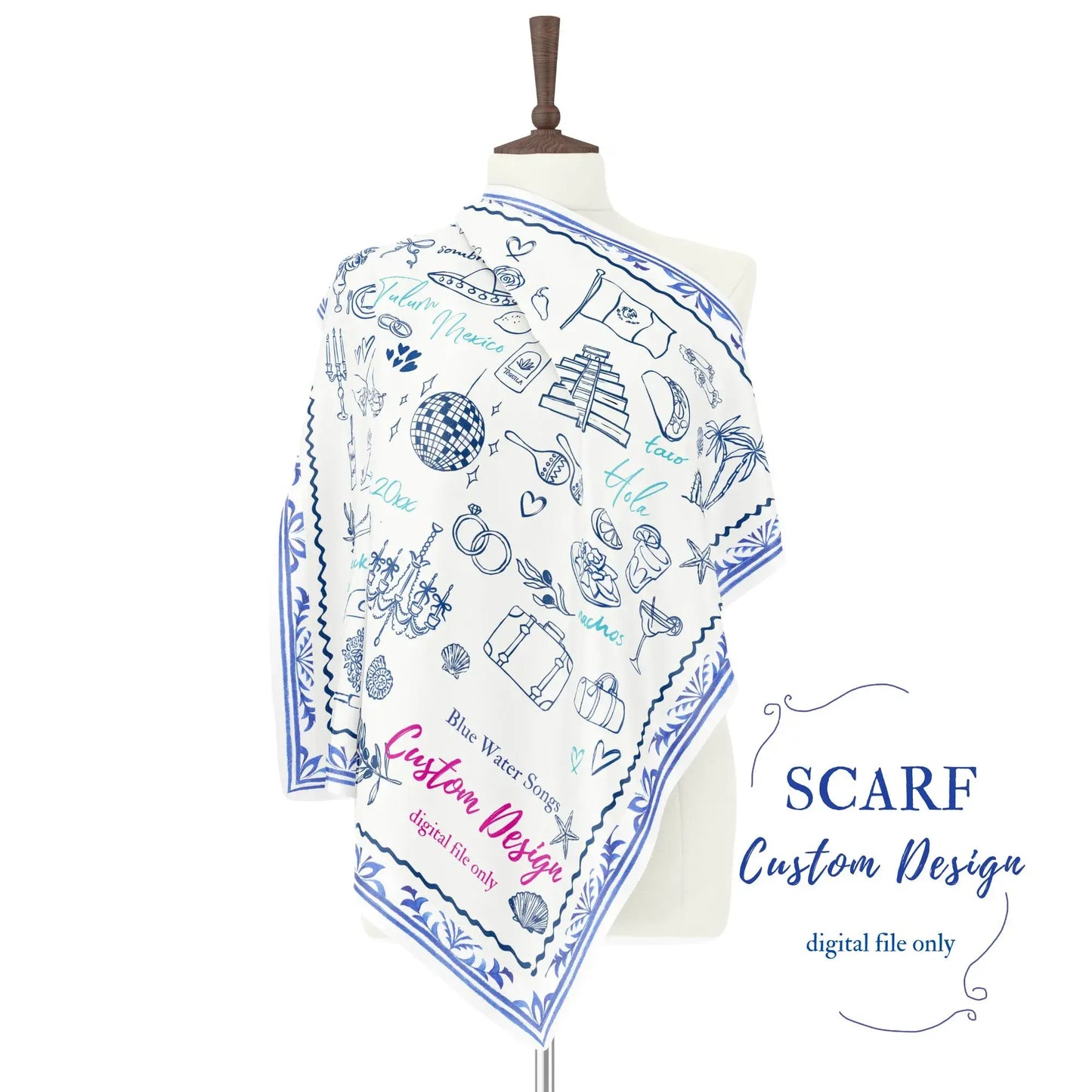Custom hand-drawn scarf design displayed on mannequin with blue illustrated motifs and decorative border.