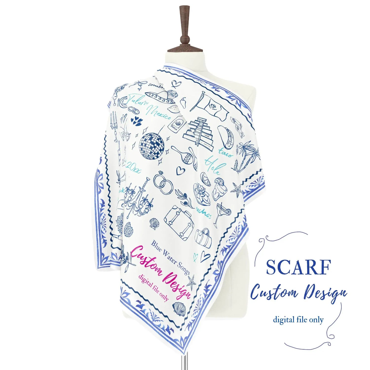Custom hand-drawn scarf design displayed on mannequin with blue illustrated motifs and decorative border.
