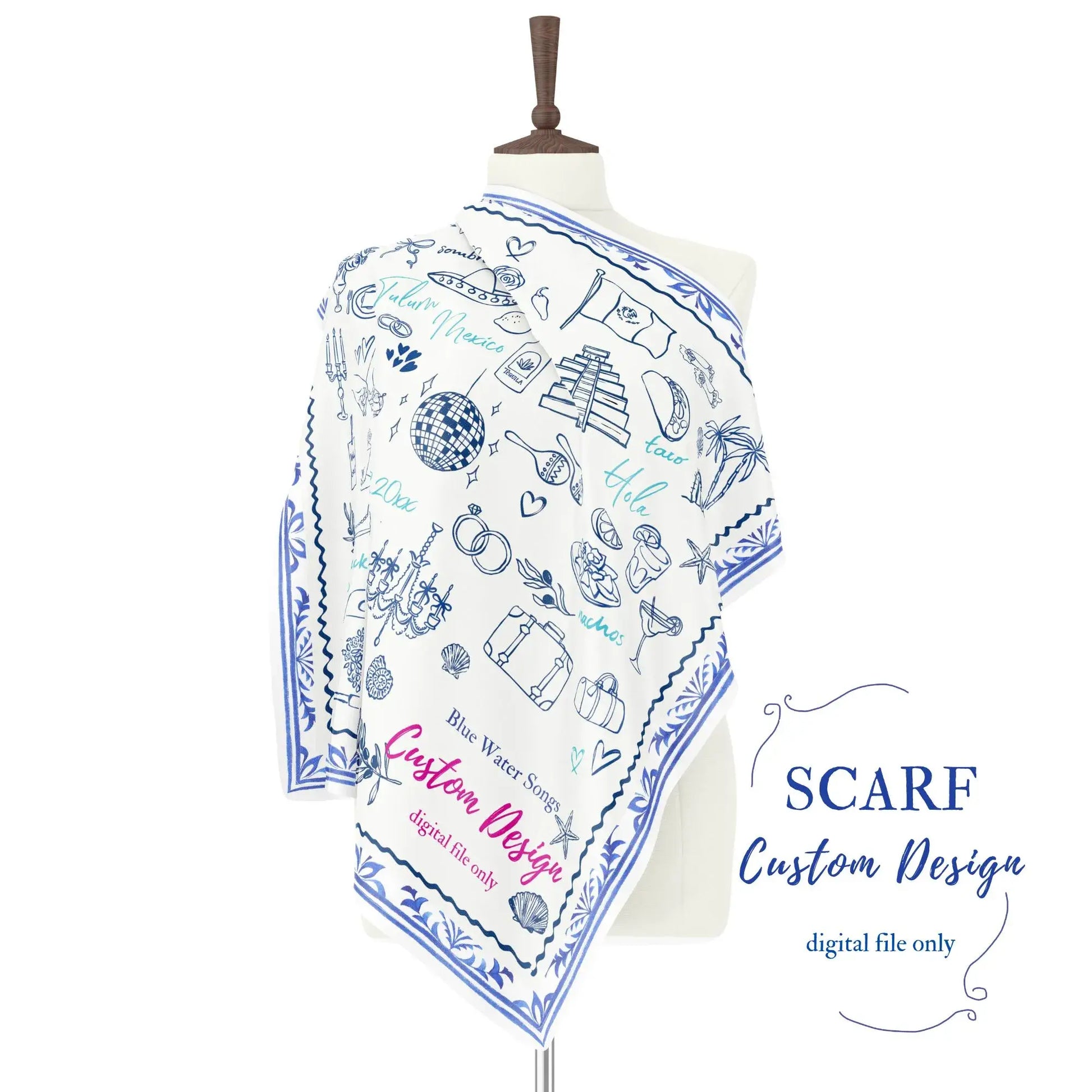 Custom hand-drawn scarf design displayed on mannequin with blue illustrated motifs and decorative border.