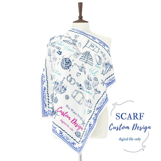 Custom hand-drawn scarf design displayed on mannequin with blue illustrated motifs and decorative border.
