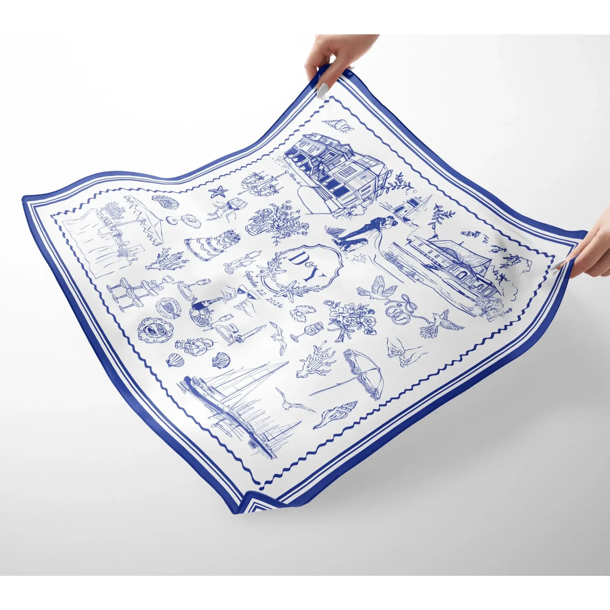 Custom hand-drawn scarf with personalized wedding venue illustration in green tones and reference photo.