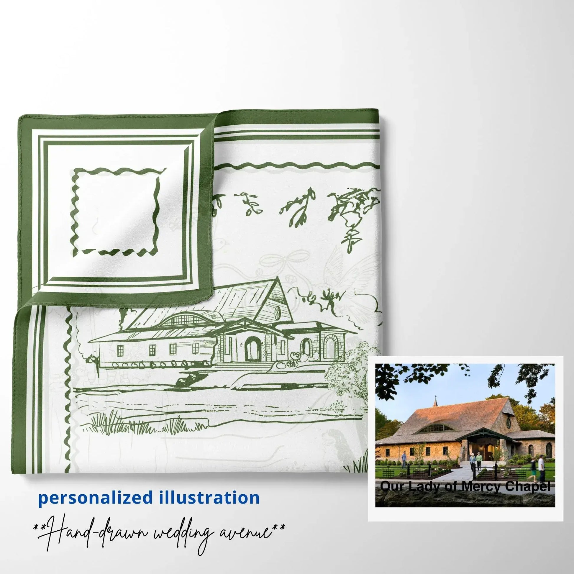 Custom hand-drawn scarf with personalized wedding venue illustration in green tones and reference photo.