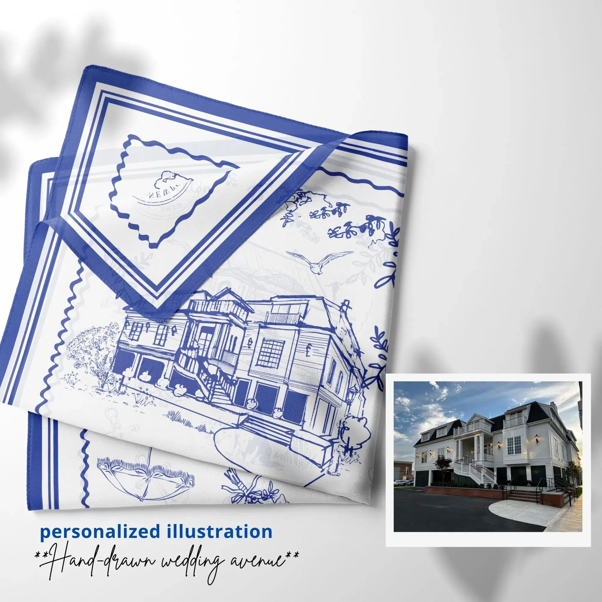 Custom hand-drawn scarf featuring personalized wedding venue illustration with reference photo.