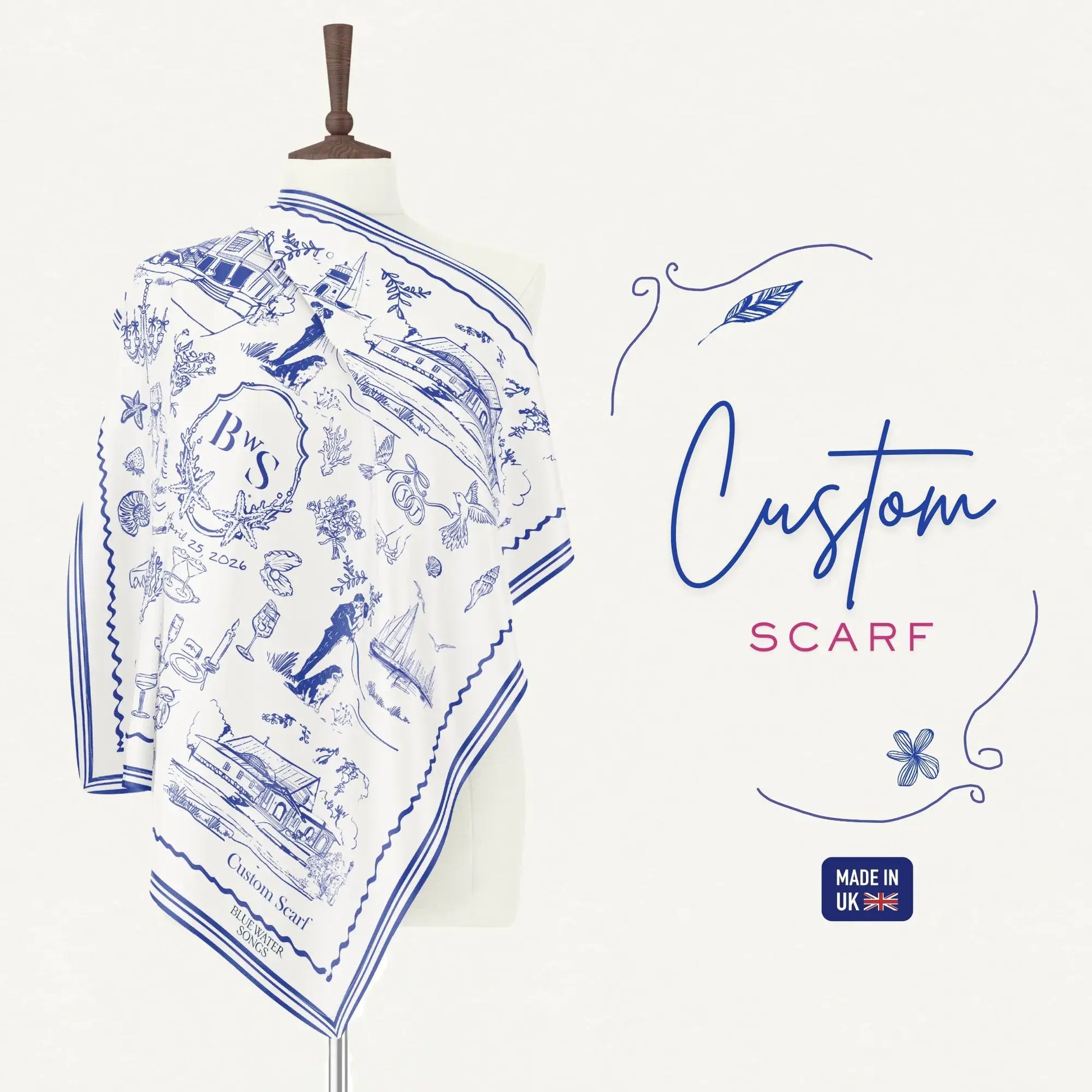 Custom Printed Silk Scarves displayed elegantly, handmade in the UK, showcasing intricate designs.