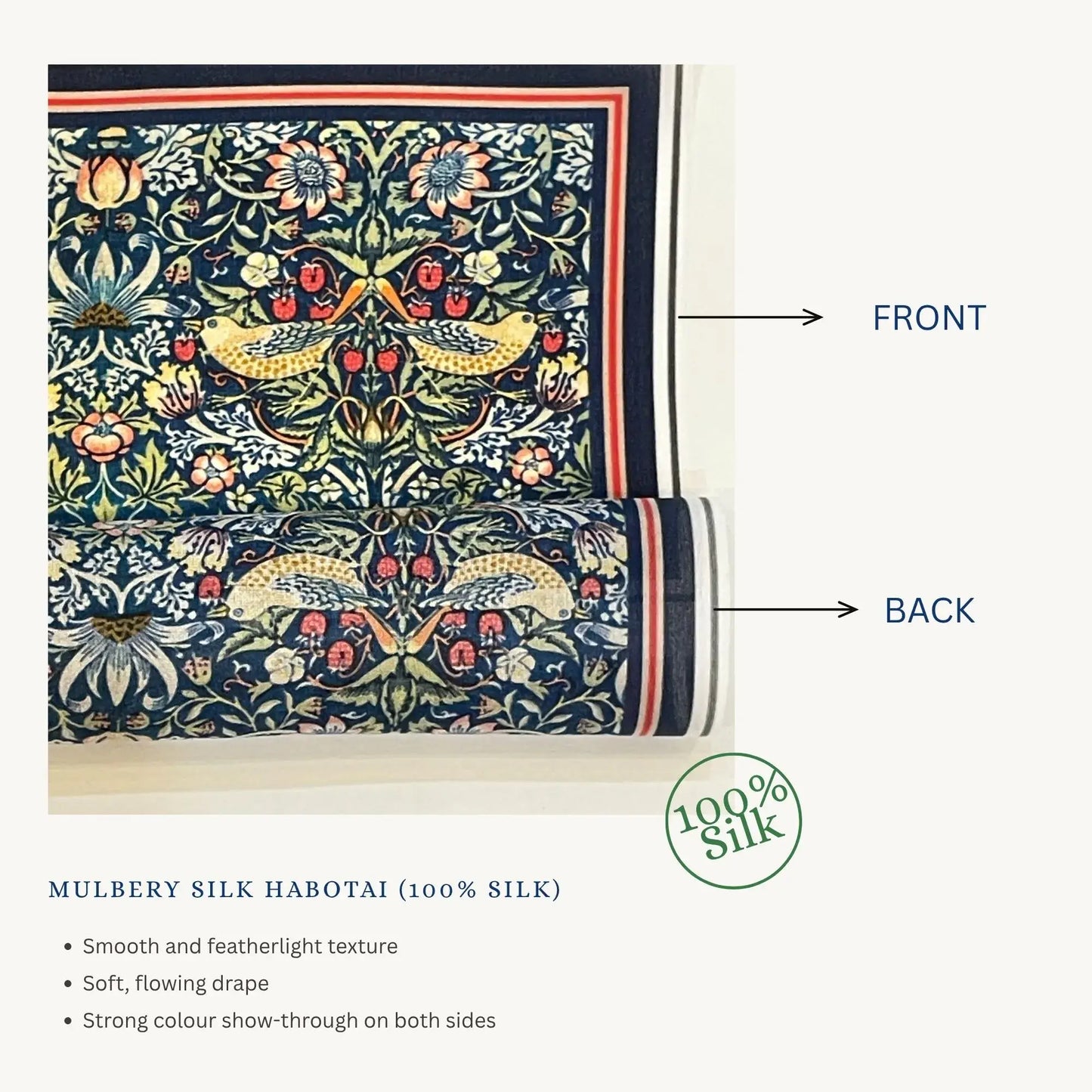 Custom Printed Silk Scarves showcasing front and back views of Mulberry Silk Habotai, smooth texture and vibrant colors.