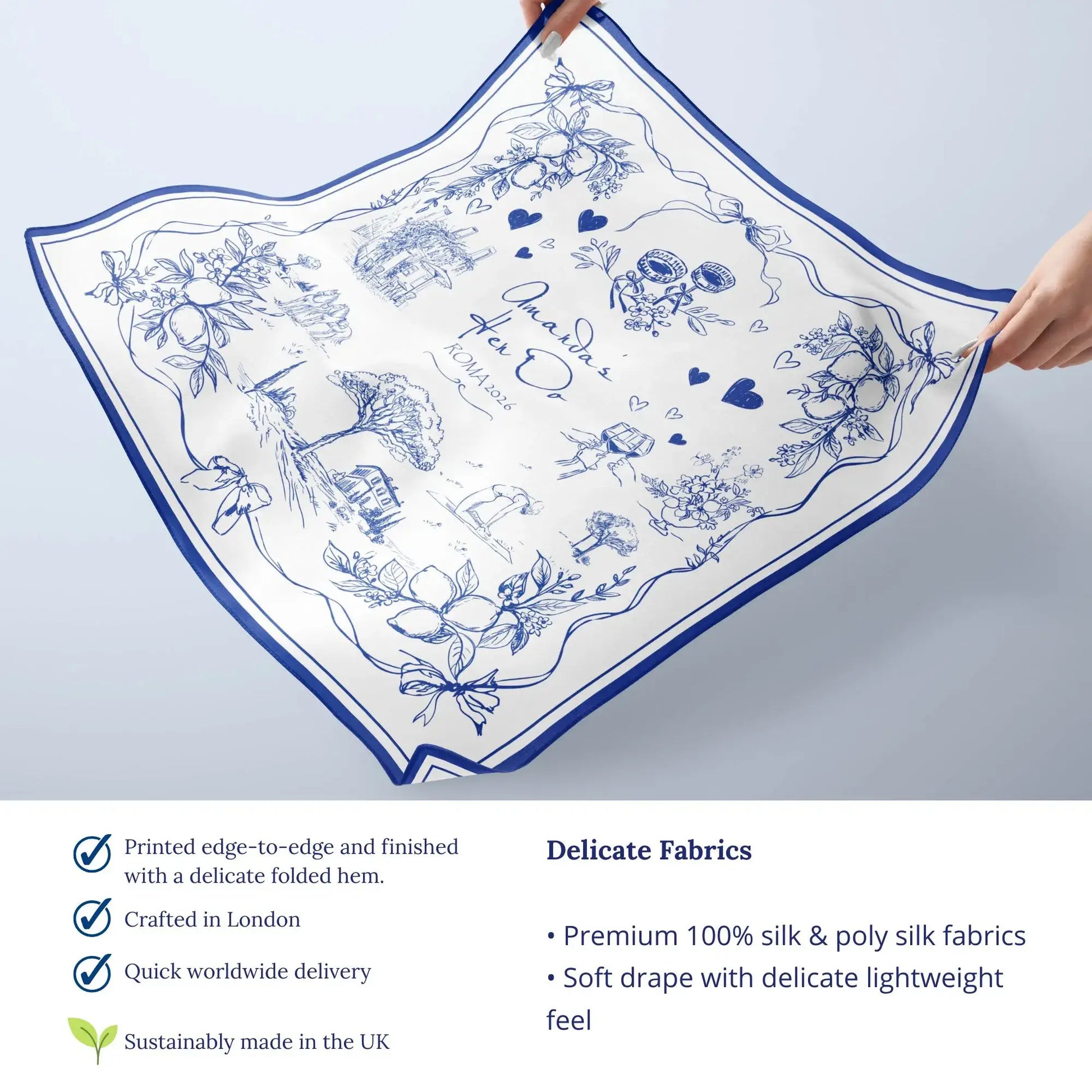 Custom Printed Silk Scarves - Handmade scarf featuring delicate fold and printed edge-to-edge design from London.