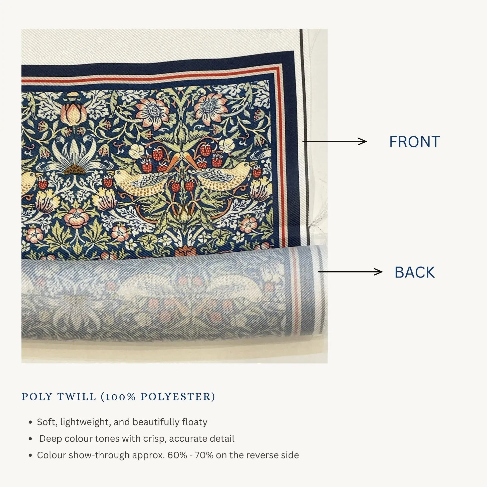 Custom Printed Silk Scarves - Poly twill fabric showing front and back, featuring deep colors and intricate designs.