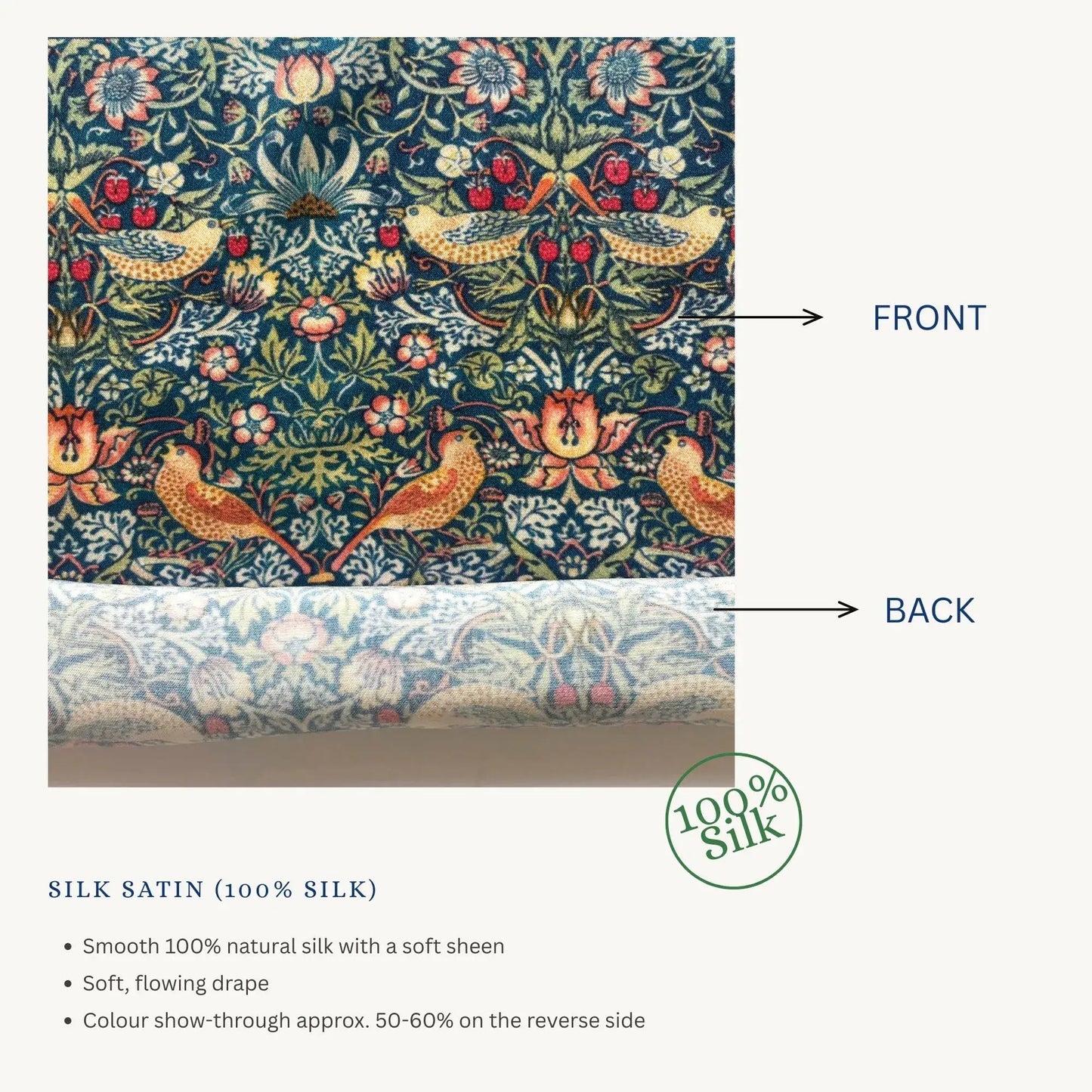 Custom Printed Silk Scarves showcasing silk satin, front and back view with detailed floral pattern and sheen.