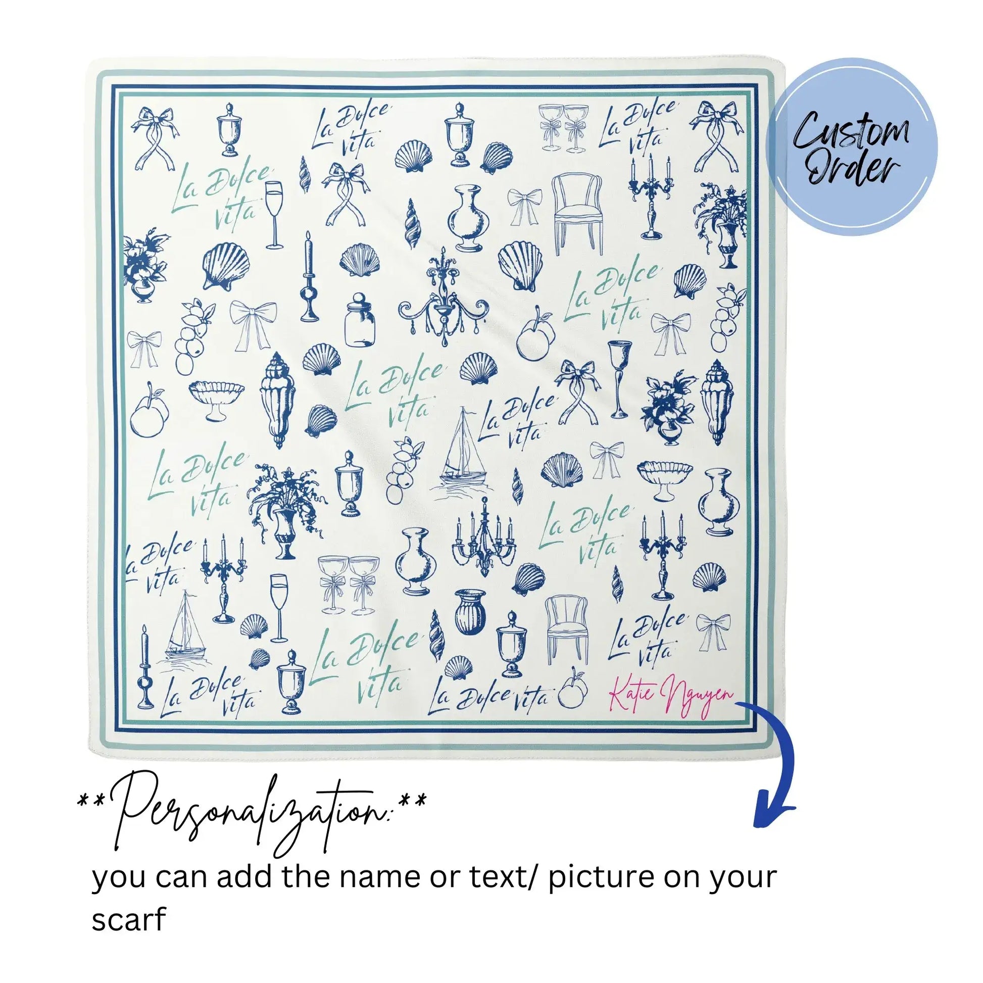 Custom Printed Silk Scarves with personalization options featuring various intricate designs and colors.