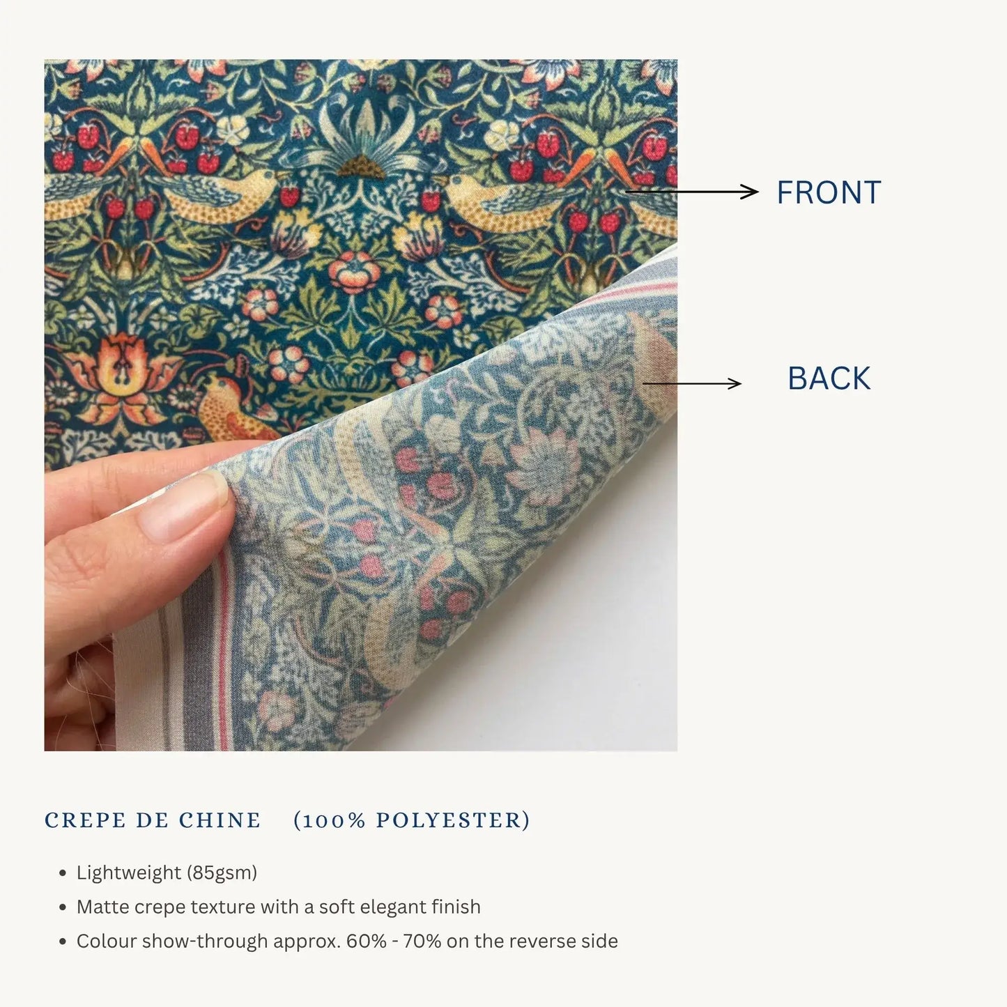 Custom Printed Silk Scarves showcasing front and back texture, lightweight crepe de chine fabric option.