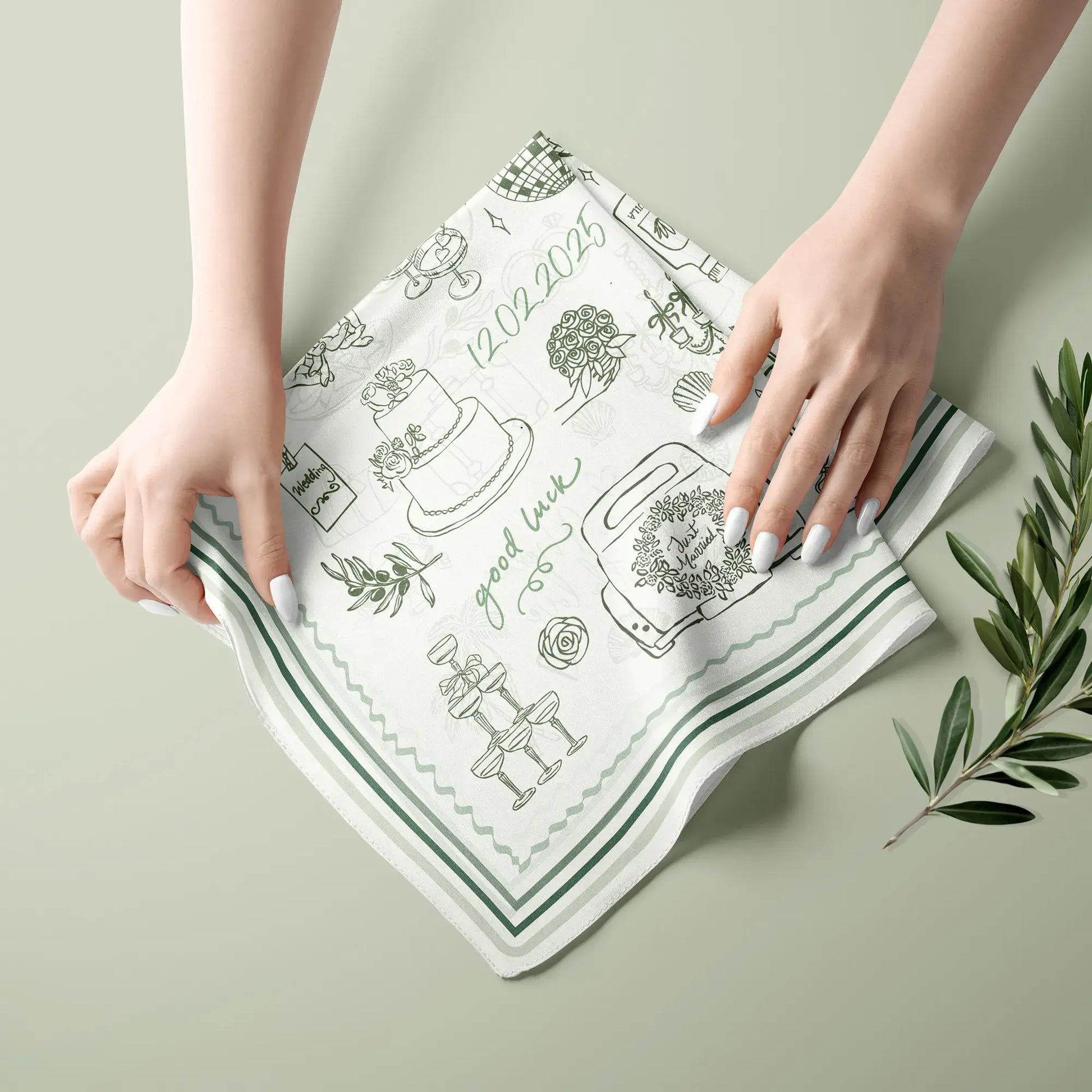 Personalized wedding-themed scarf with green illustrations and custom date text