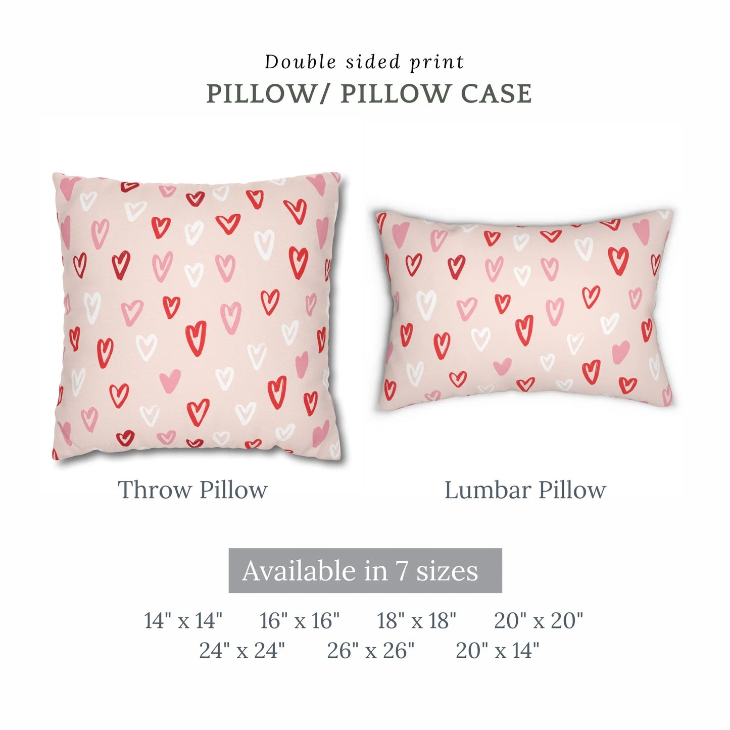 Cute hand-drawn hearts valentine pillow and pillow case in various sizes with double-sided print.