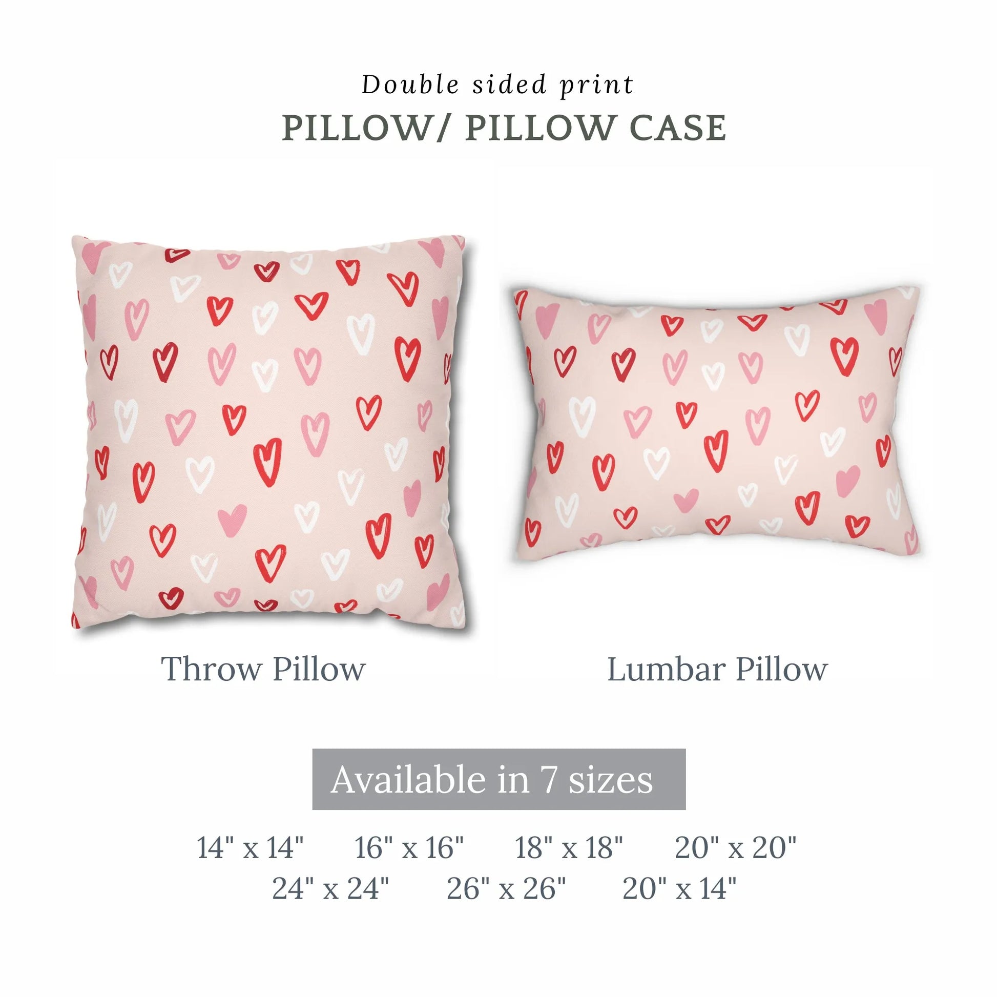Cute hand-drawn hearts valentine pillow and pillow case in various sizes with double-sided print.