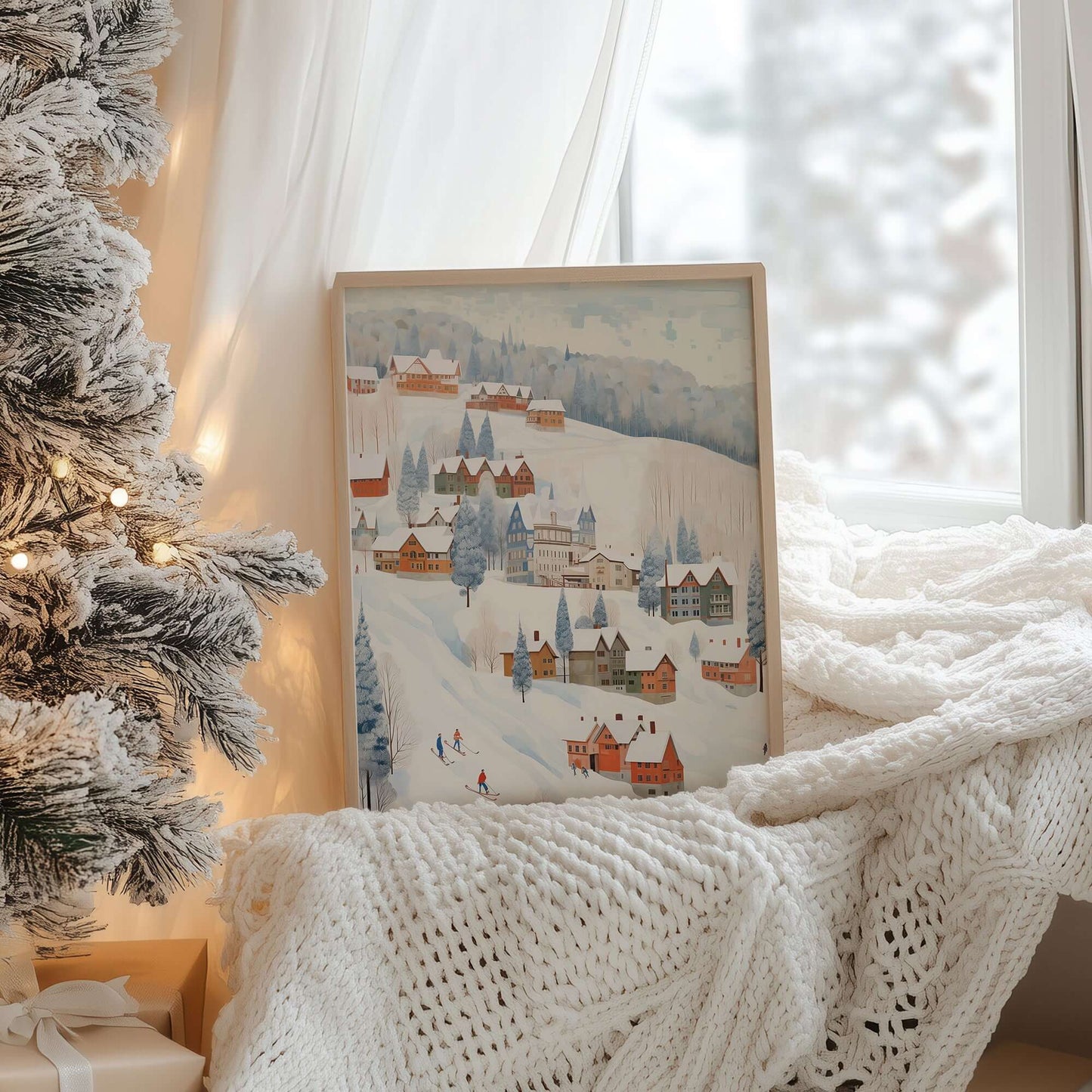 Cute Winter Village Art print displayed near a cozy holiday setup with Christmas tree and blankets.
