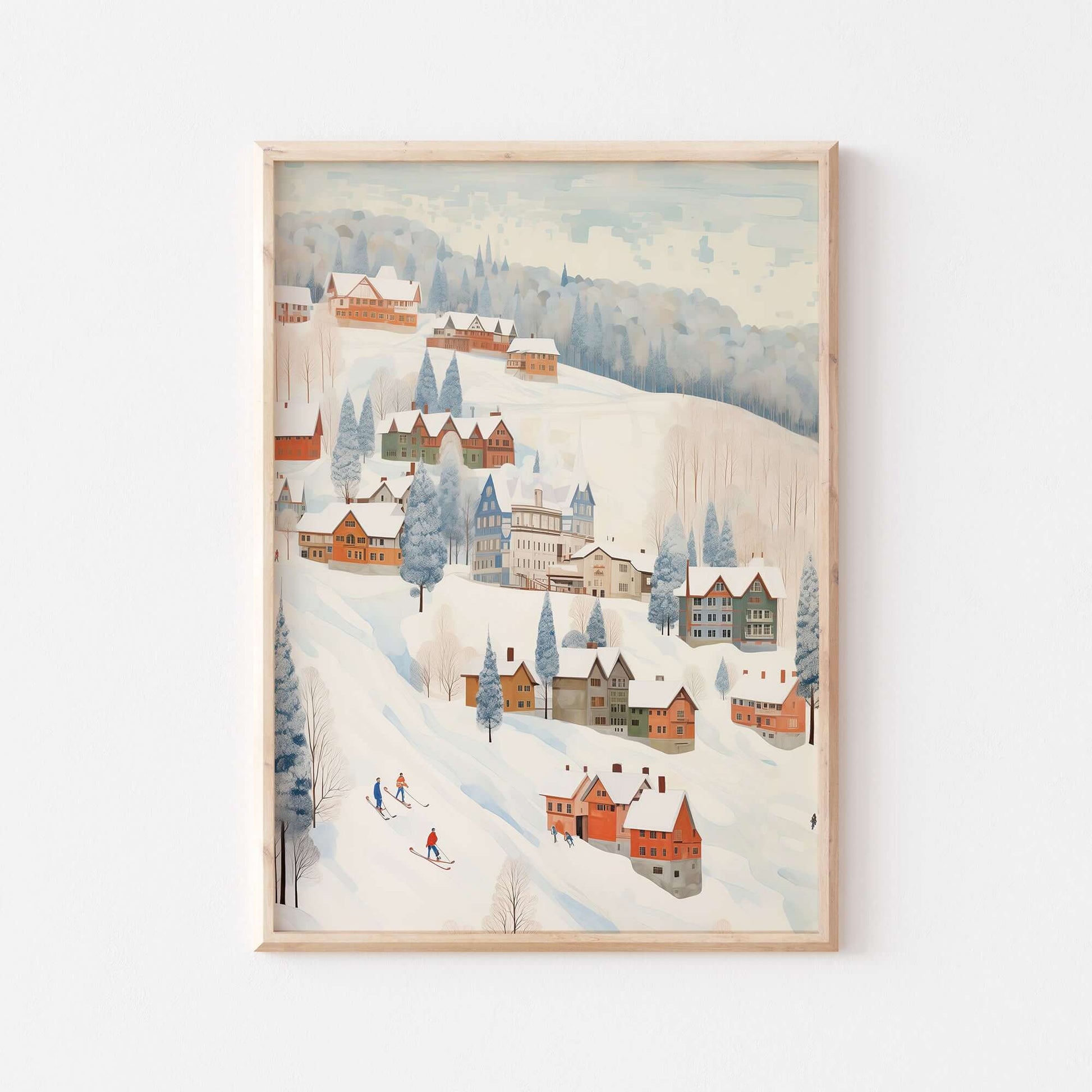 Cute Winter Village Art print featuring a whimsical snow-covered village scene in a cozy holiday setting.