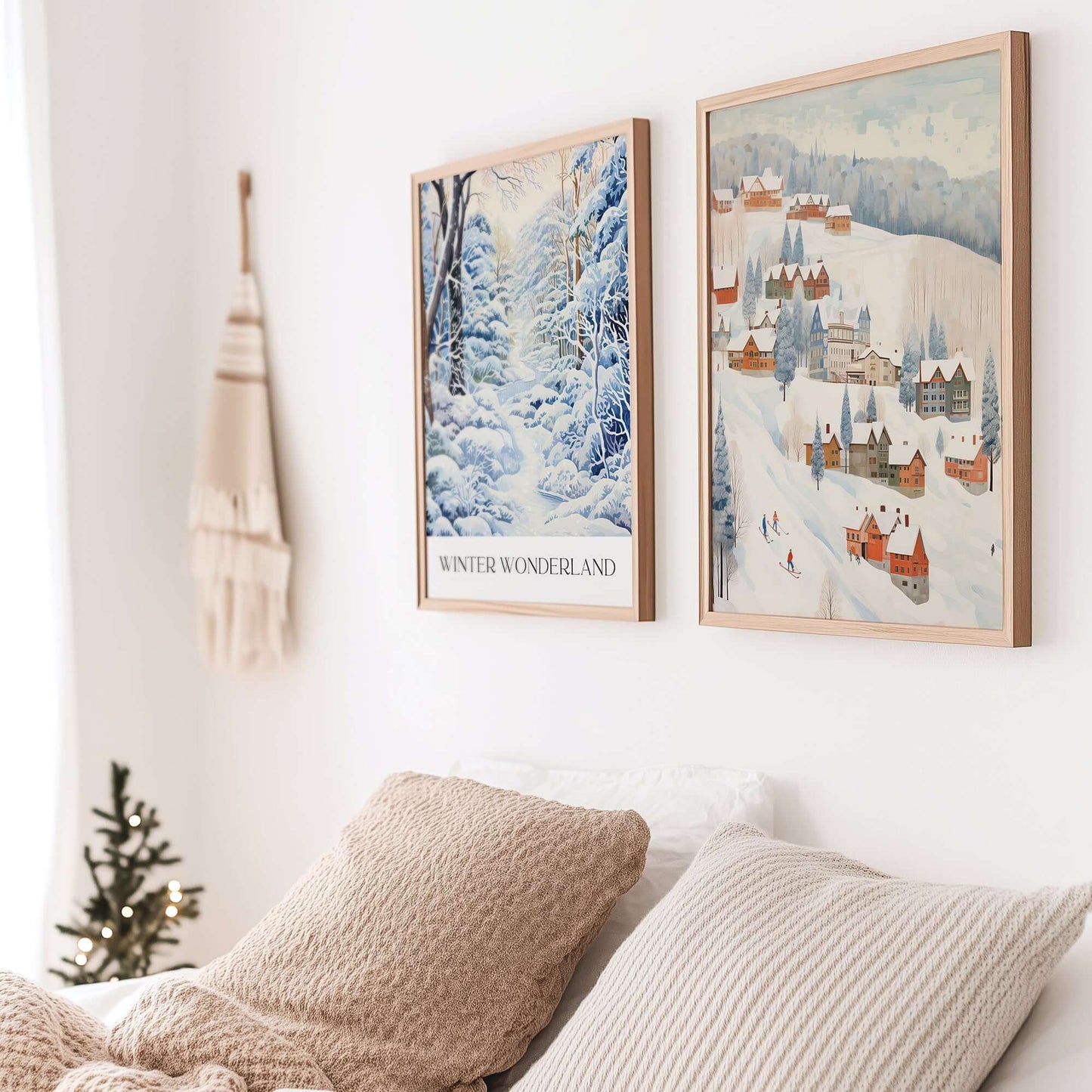 Cute Winter Village Art print displayed in a cozy bedroom with winter decor and soft bedding.