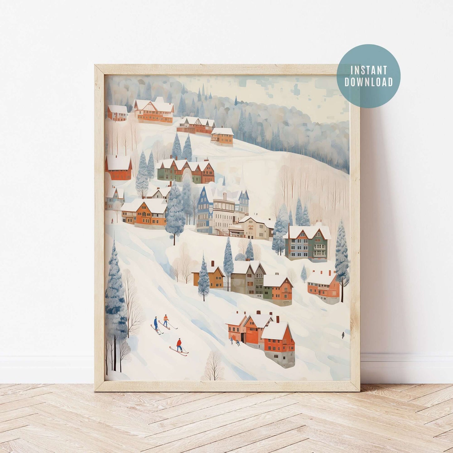 Cute Winter Village Art print - DIGITAL DOWNLOAD featuring a whimsical snowy village scene with skiers.