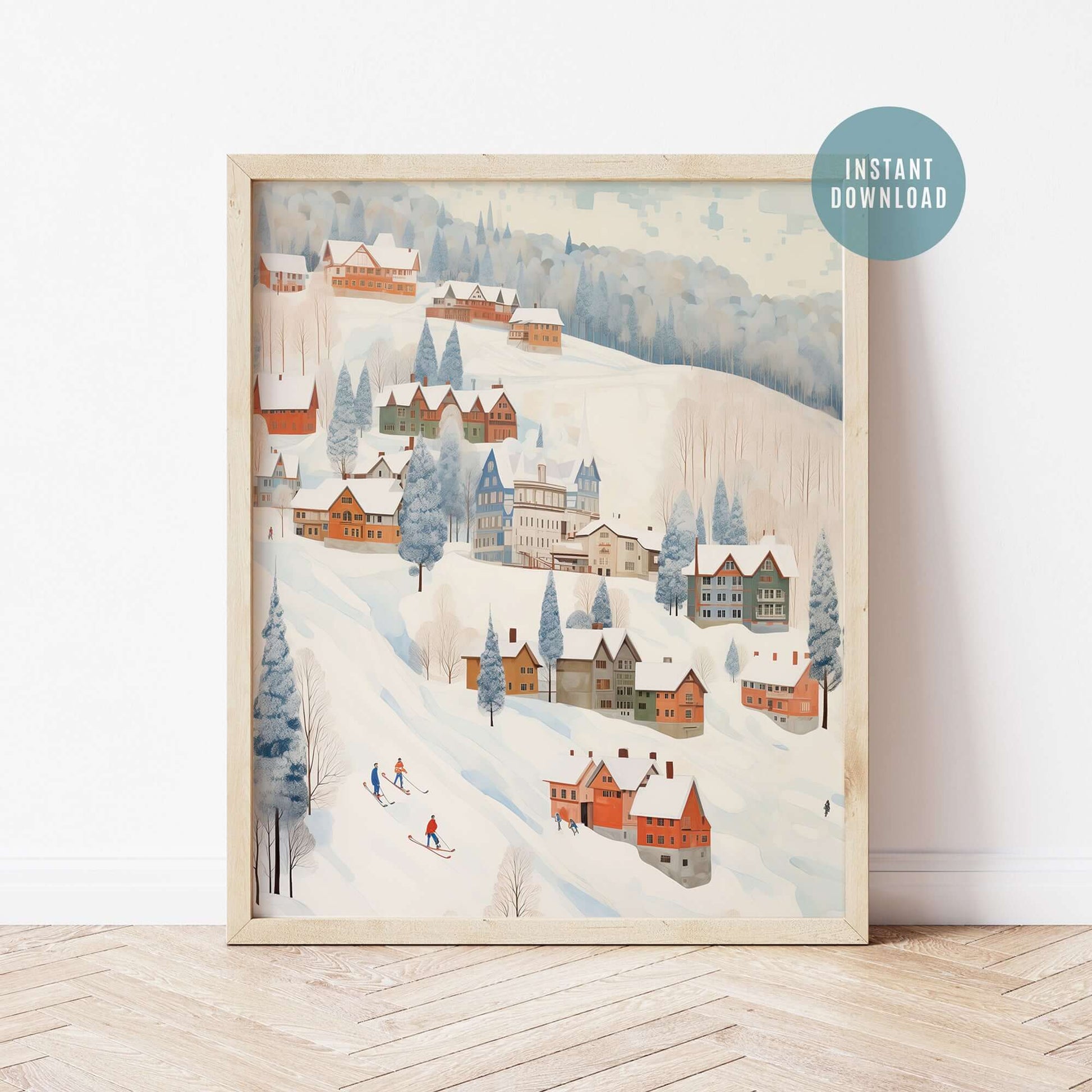 Cute Winter Village Art print - DIGITAL DOWNLOAD featuring a whimsical snowy village scene with skiers.