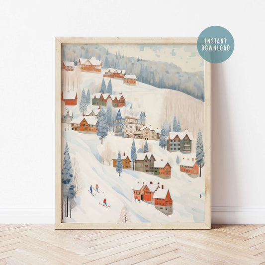 Cute Winter Village Art print - DIGITAL DOWNLOAD featuring a whimsical snowy village scene with skiers.