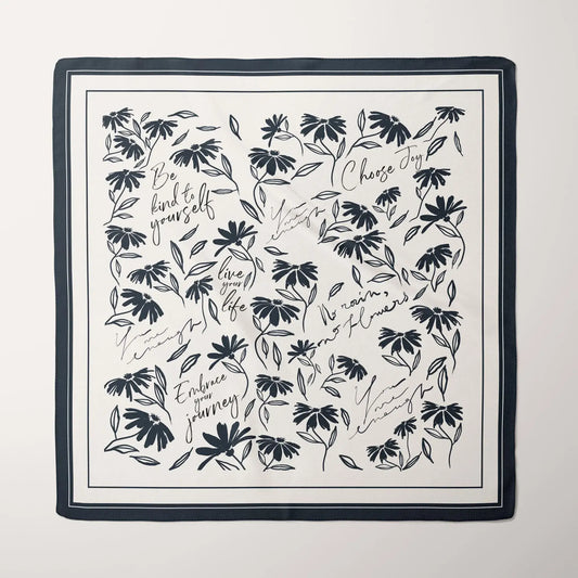 Daisy Wildflowers Silk Scarf – Daily Affirmation Design. Black and white floral scarf with inspirational quotes.