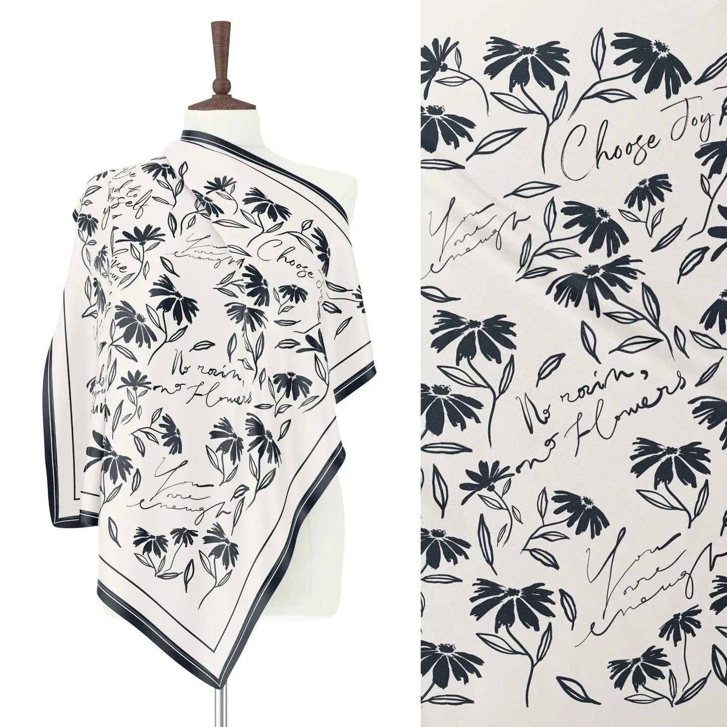 Daisy Wildflowers Silk Scarf – Daily Affirmation Design. Black and white floral scarf on the mannequin