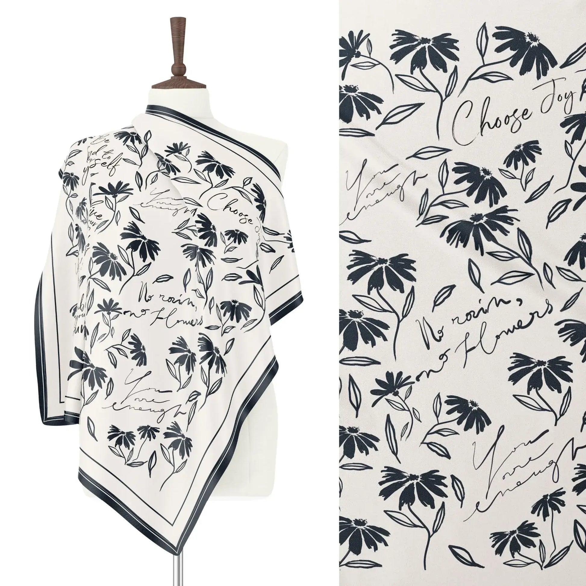 Daisy Wildflowers Silk Scarf – Daily Affirmation Design. Black and white floral scarf on the mannequin