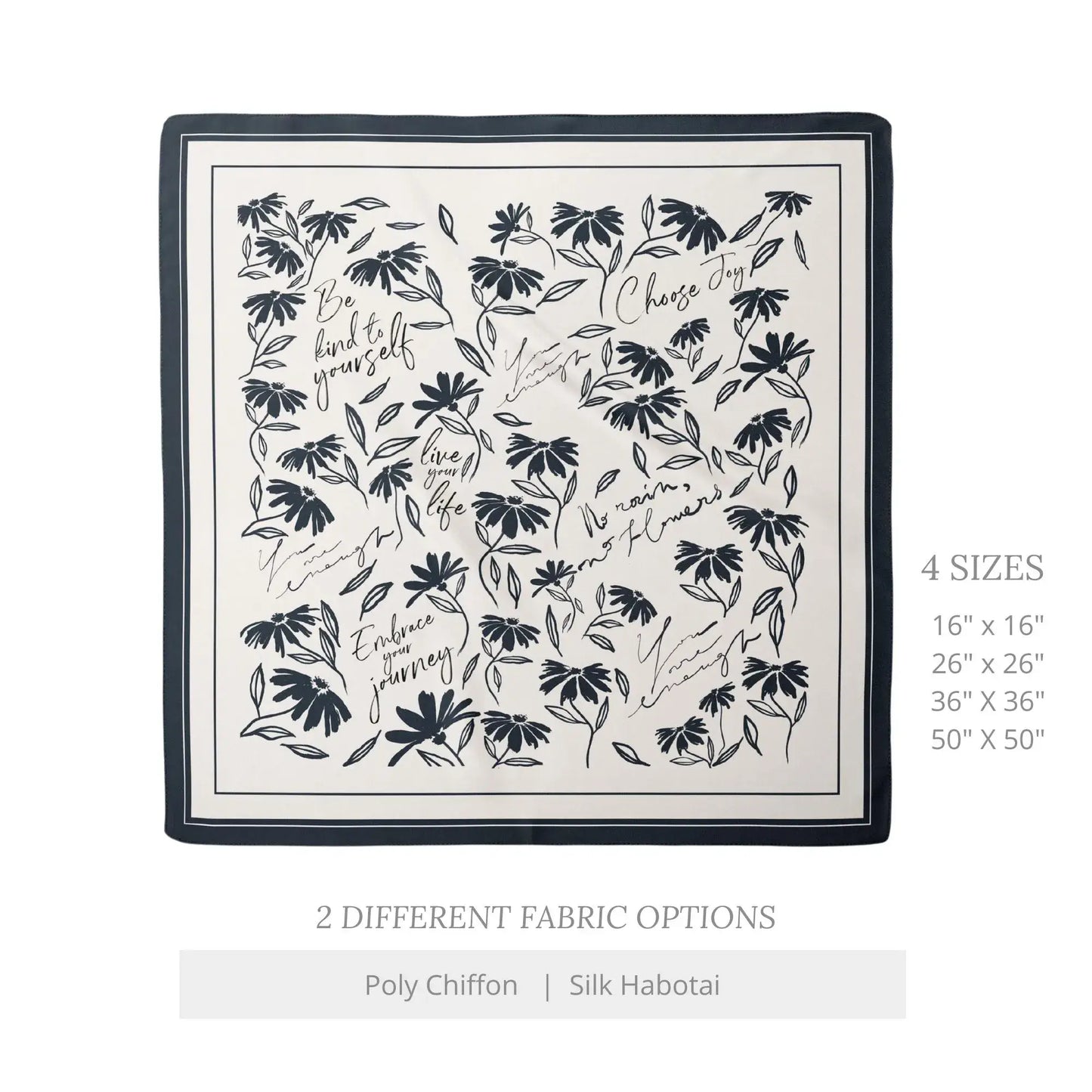 Daisy Wildflowers Silk Scarf – Daily Affirmation Design with fabric details, and size options.