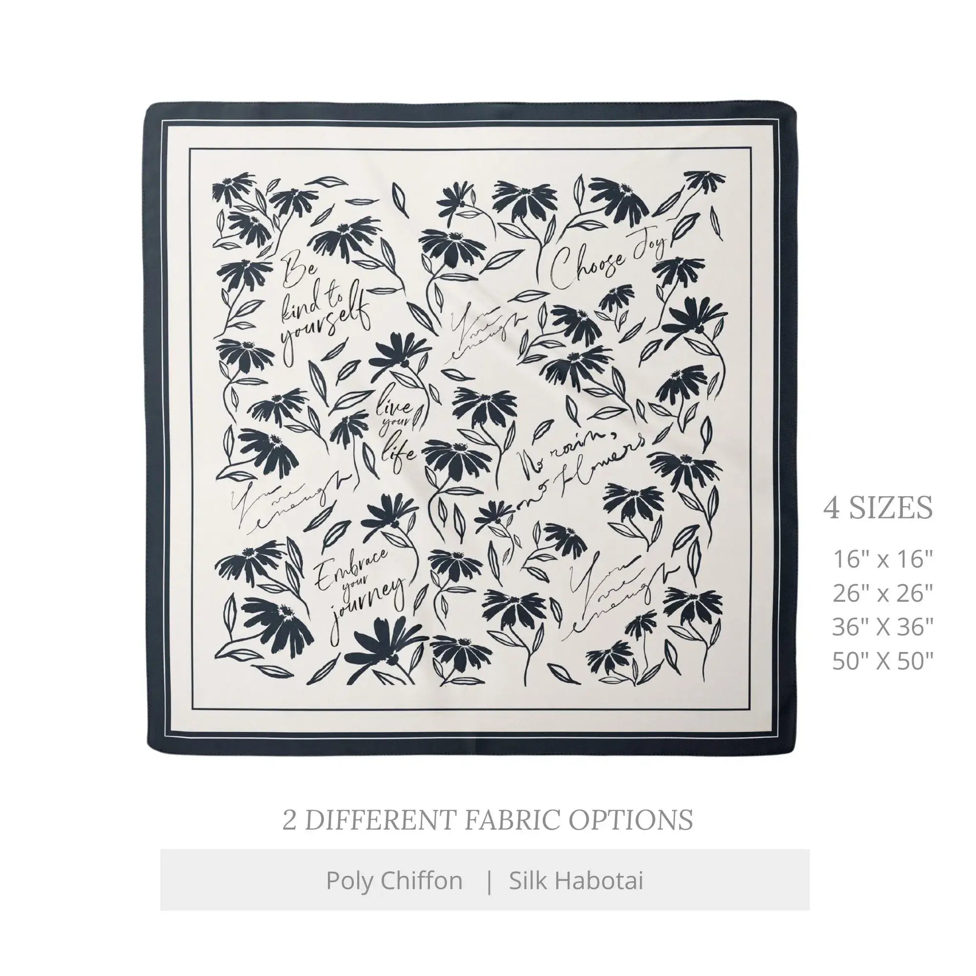 Daisy Wildflowers Silk Scarf – Daily Affirmation Design with fabric details, and size options.