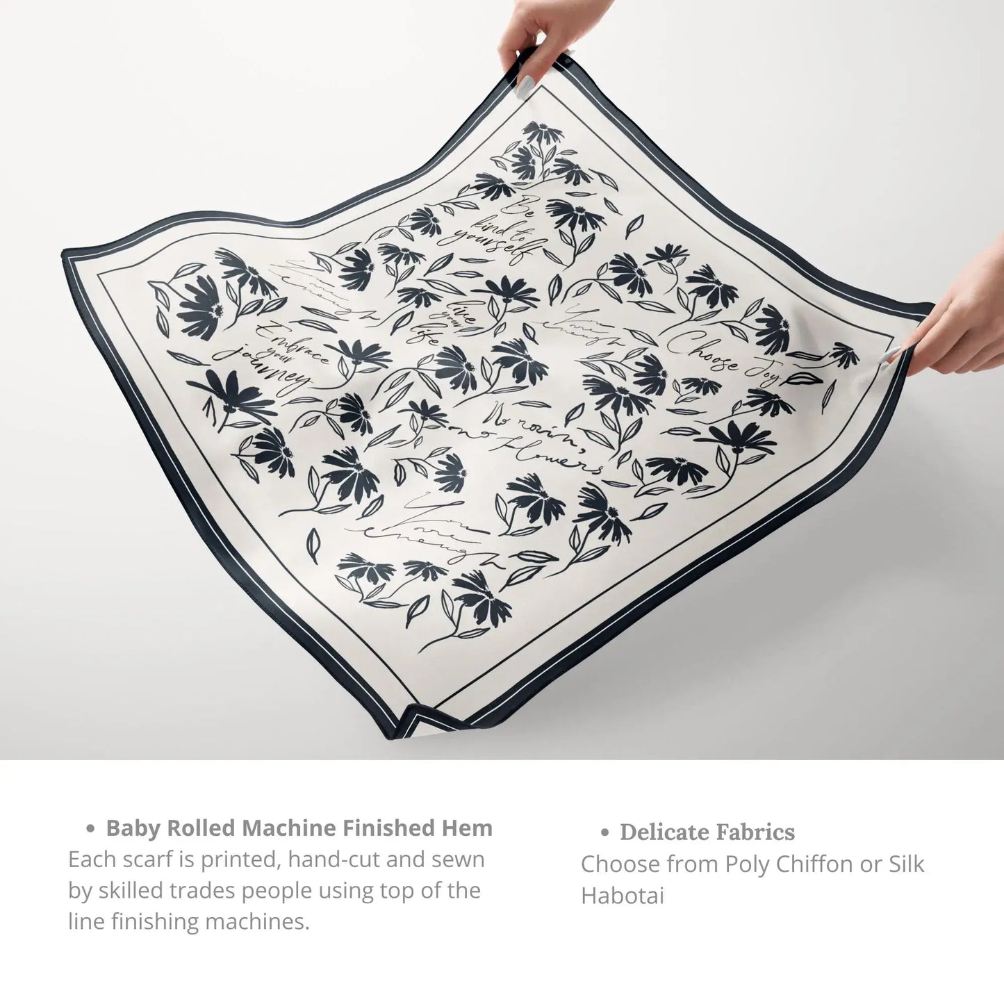 Black and white Daisy Wildflowers Silk Scarf – Daily Affirmation Design scarf close-up.