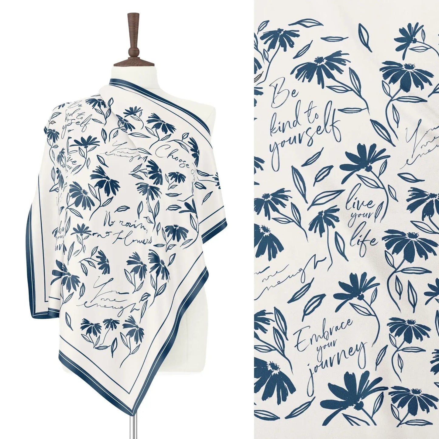 Blue daisy wildflowers silk scarf displayed hanging and fully opened to show minimal botanical floral design