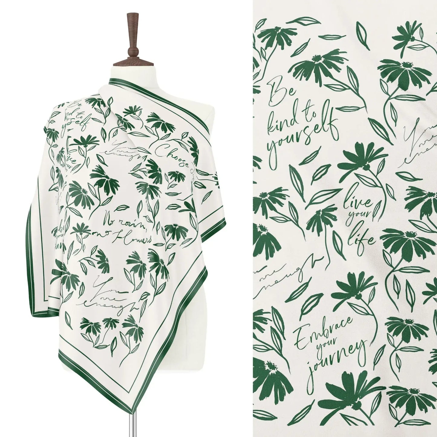 Green daisy wildflowers silk scarf shown hanging and opened flat to display minimal botanical pattern